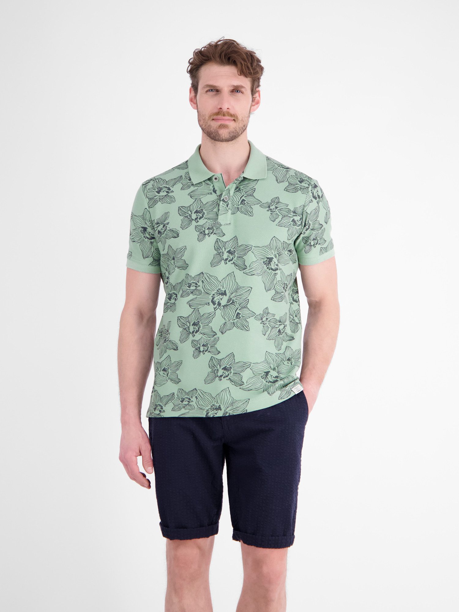 LERROS Poloshirt Poloshirt mit floralem Allover-Print und Flachstrickkragen