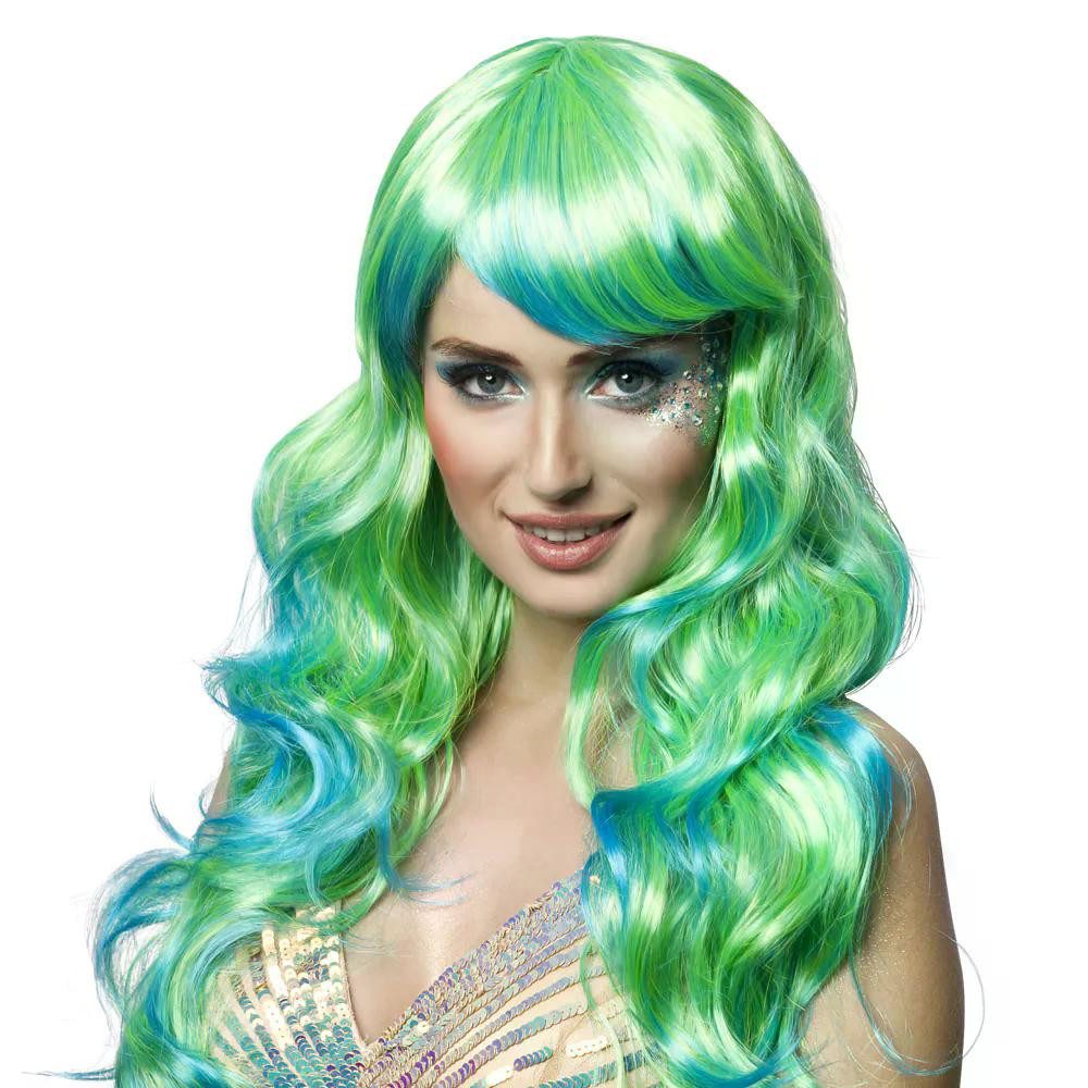 Boland Kostüm-Perücke Langhaar-Perücke Aqua grün-blau Party Damenperücke mit Wellen und Pony, für Fantasie-, Meerjungfrau-Kostüme, Festival und Cosplay