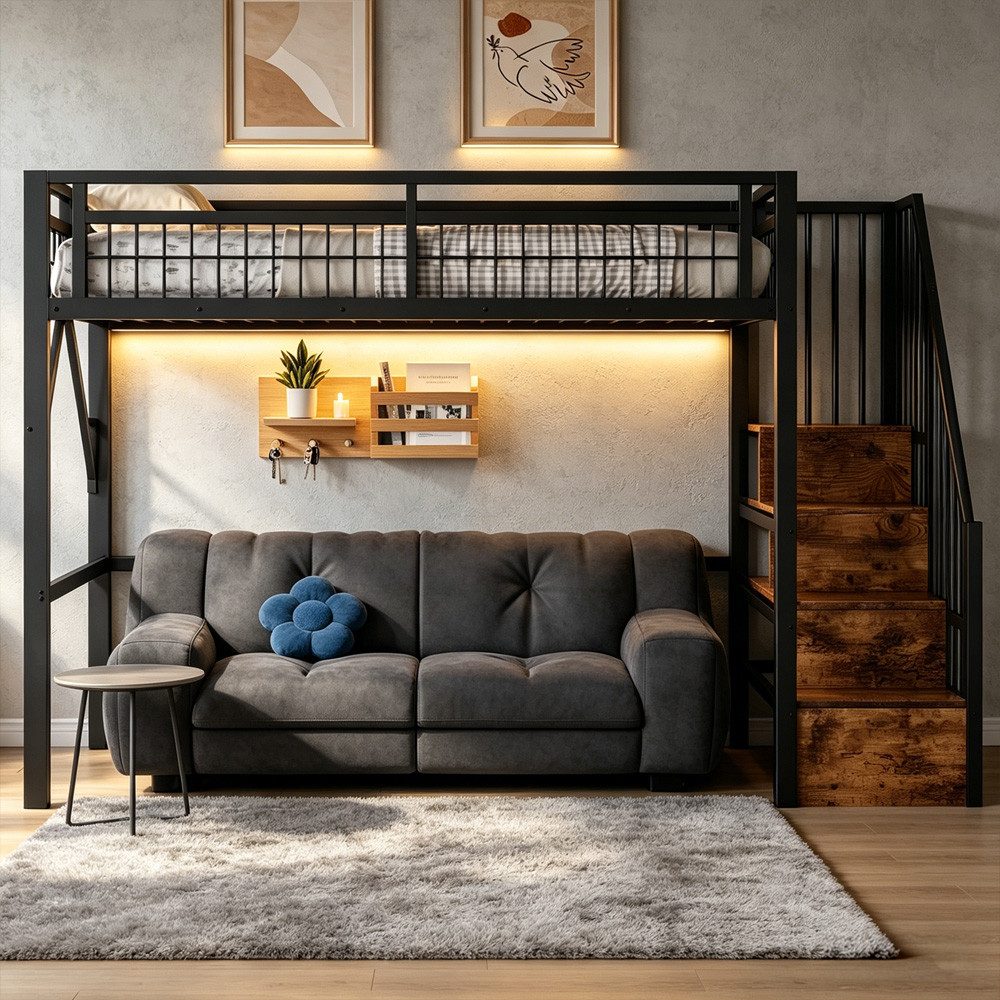 REDOM Hochbett Jugendbett mit Eisenrahmen, LED-Lichtleiste (Stauraumtreppe und freiem Raum zum Verkleiden, Metallbett, 90 x 200 cm) ohne Matratze