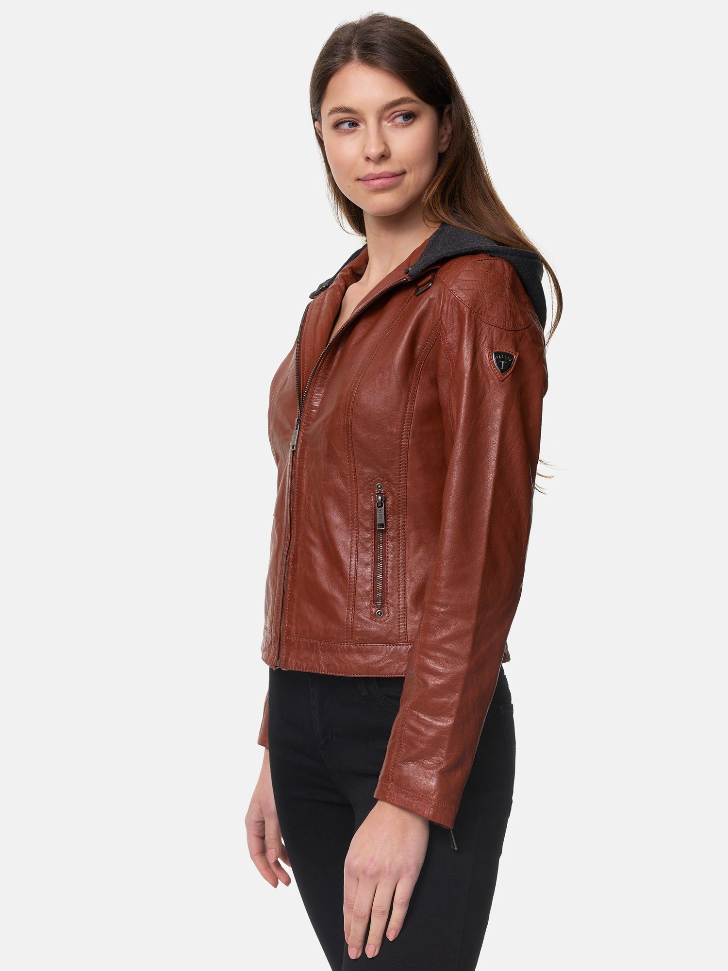 Tazzio Lederjacke F503 Damen Leder Jacke im Biker Look mit abnehmbarer Kapuze
