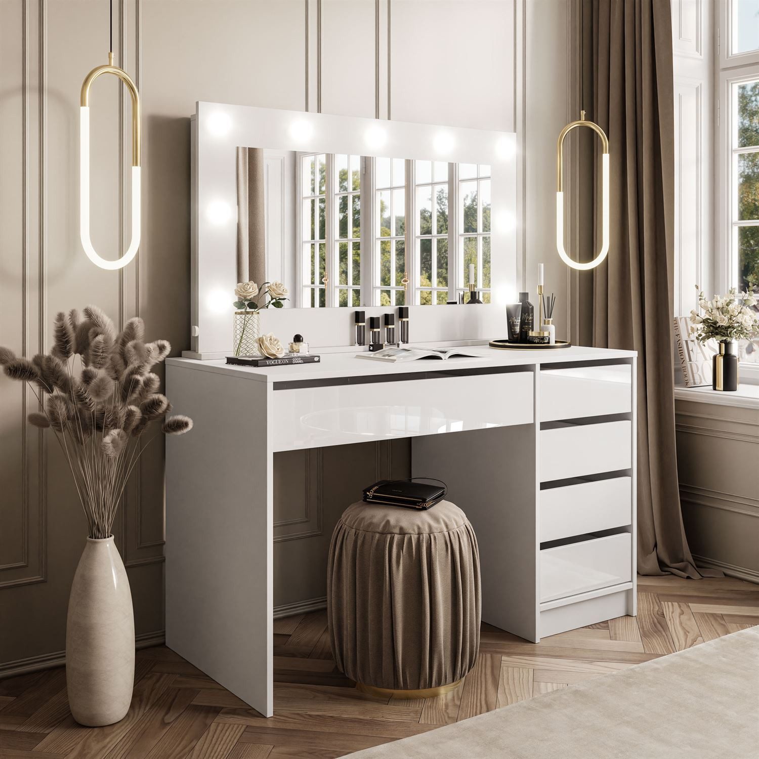 Lookway Schminktisch MADA Spiegel Schubladen Schreibtisch Weiß Hochglanz LE günstig online kaufen