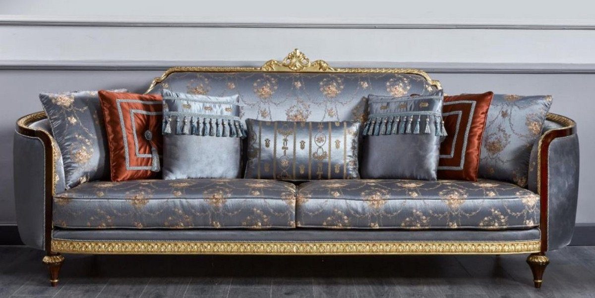 Casa Padrino Sofa Casa Padrino Luxus Barock Sofa Blau / Dunkelbraun / Gold - Prunkvolles Wohnzimmer Sofa - Barockstil Wohnzimmer Möbel - Luxus Möbel im Barockstil - Barock Einrichtung - Edel & Prunkvoll