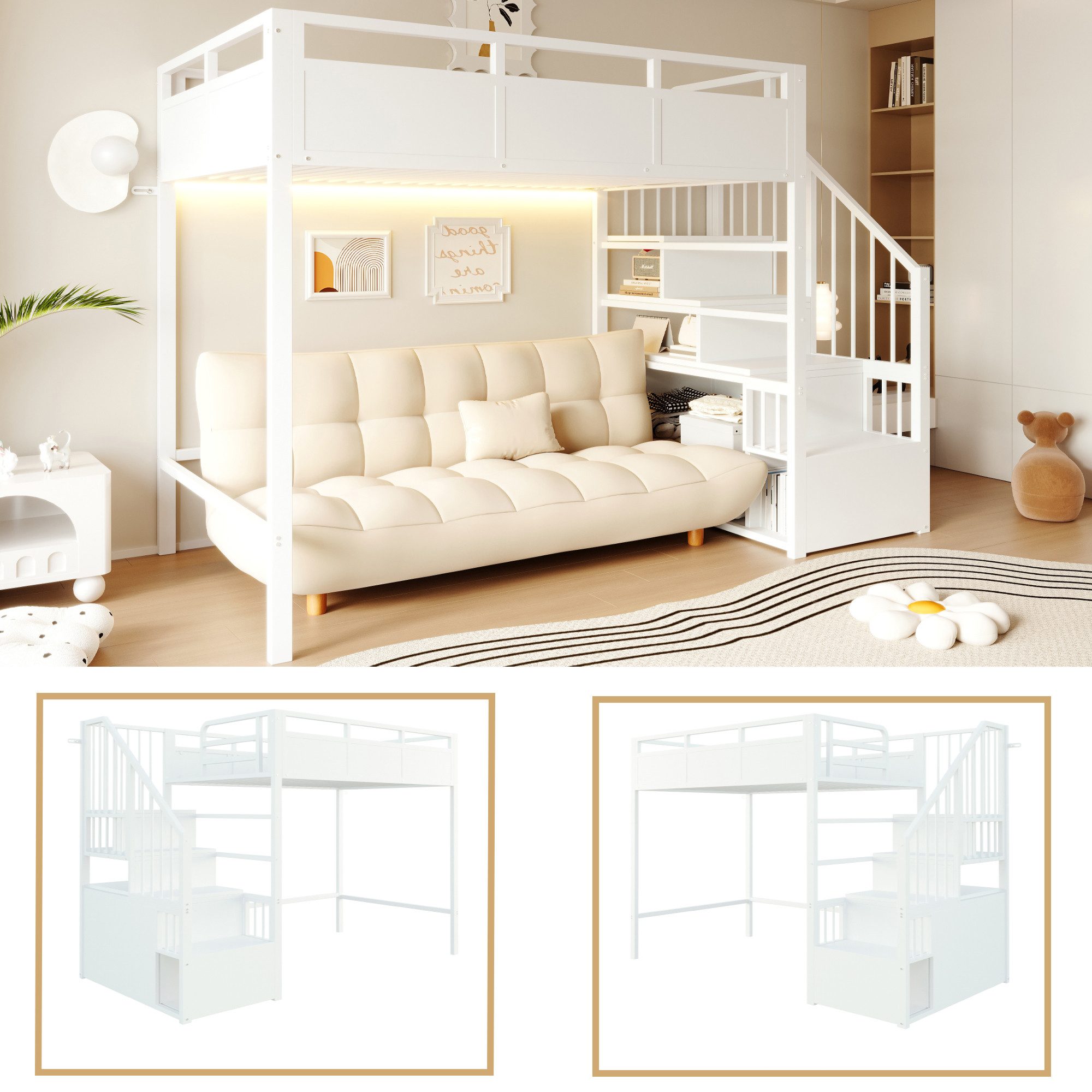 Flieks Hochbett Metallbett 90x200cm LED-Leiste & Stauraumtreppe(beidseitig montierbar)