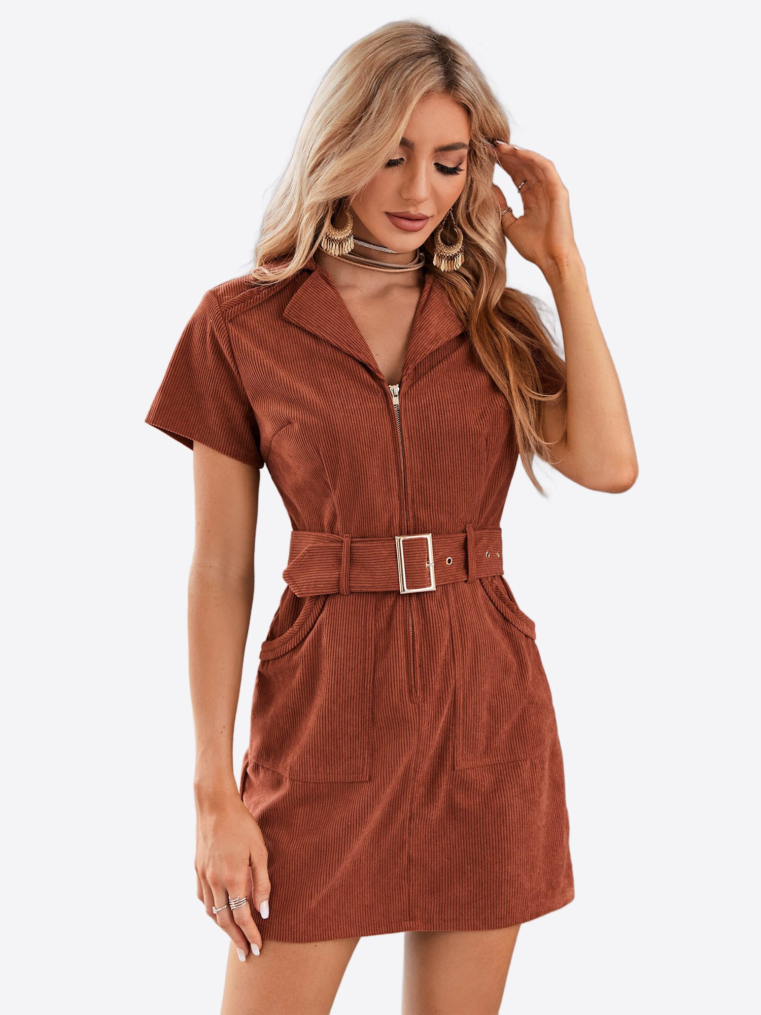 Imily Bela Cordkleid Damen Vintage Kleid mit Gürtel (Packung, 1-tlg., 1per-Pack) mit Reißverschluss