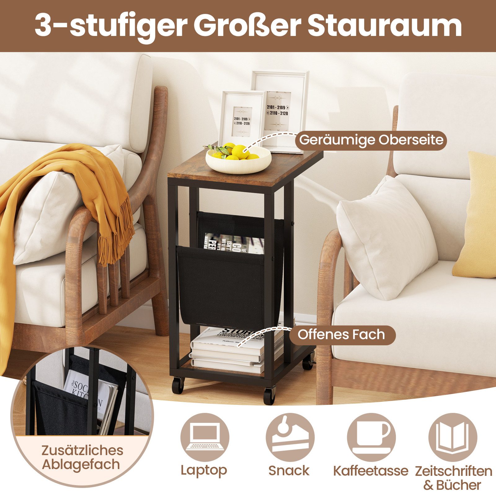 COSTWAY Laptoptisch, fürs Bett, Beistelltisch mit Rollen, Sofatisch C-Form