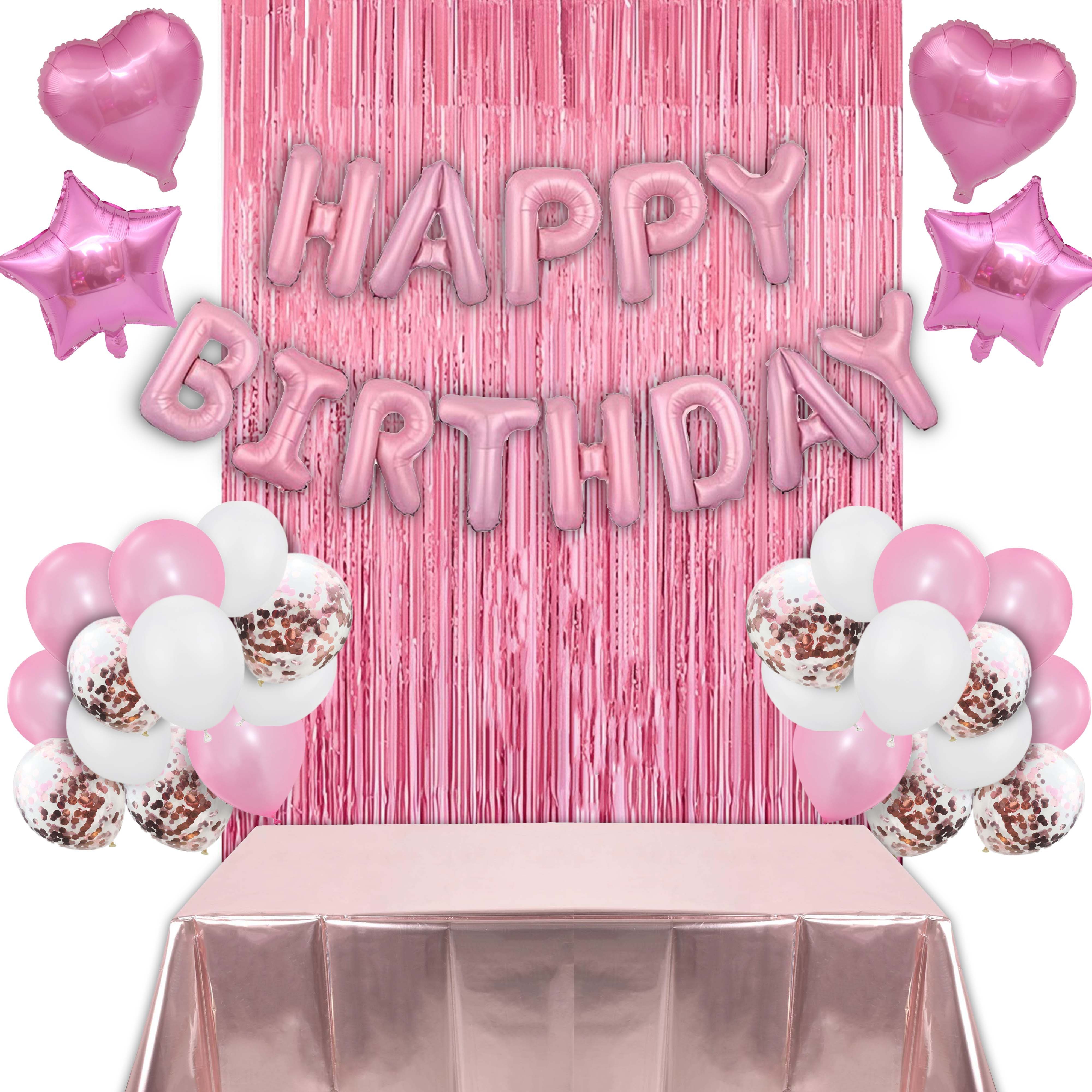 Montegoni Luftballon Rosa Geburtstagsdeko für Mädchen mit Happy Birthday Girlande, Luftballons,Latex Ballons,Glitzer Vorhang,Rosa Kindergeburtstags Deko