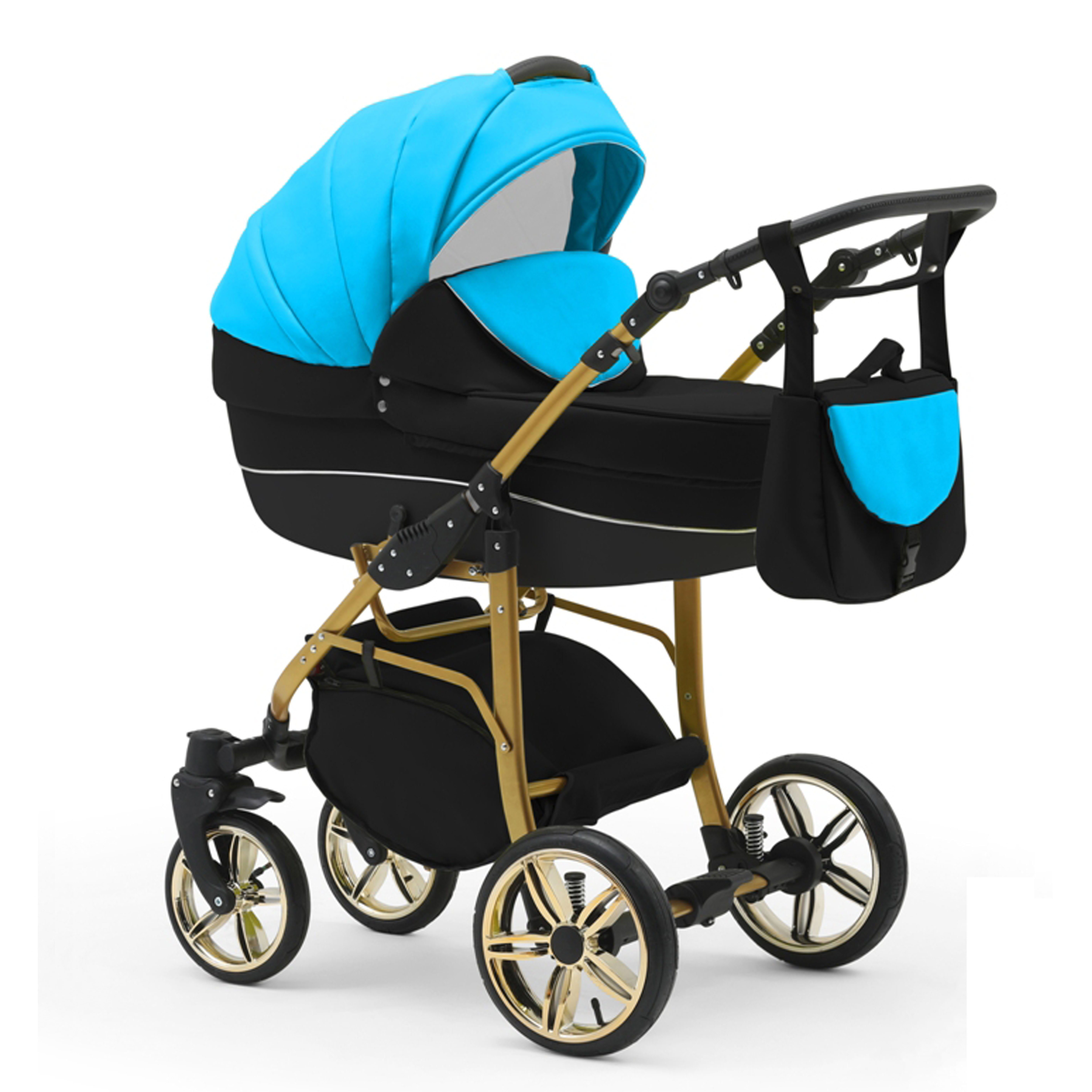 babies-on-wheels Kombi-Kinderwagen 2 in 1 Kinderwagen-Set Cosmo ECO Gold - 13 Teile - in 46 Farben Türkis-Schwarz