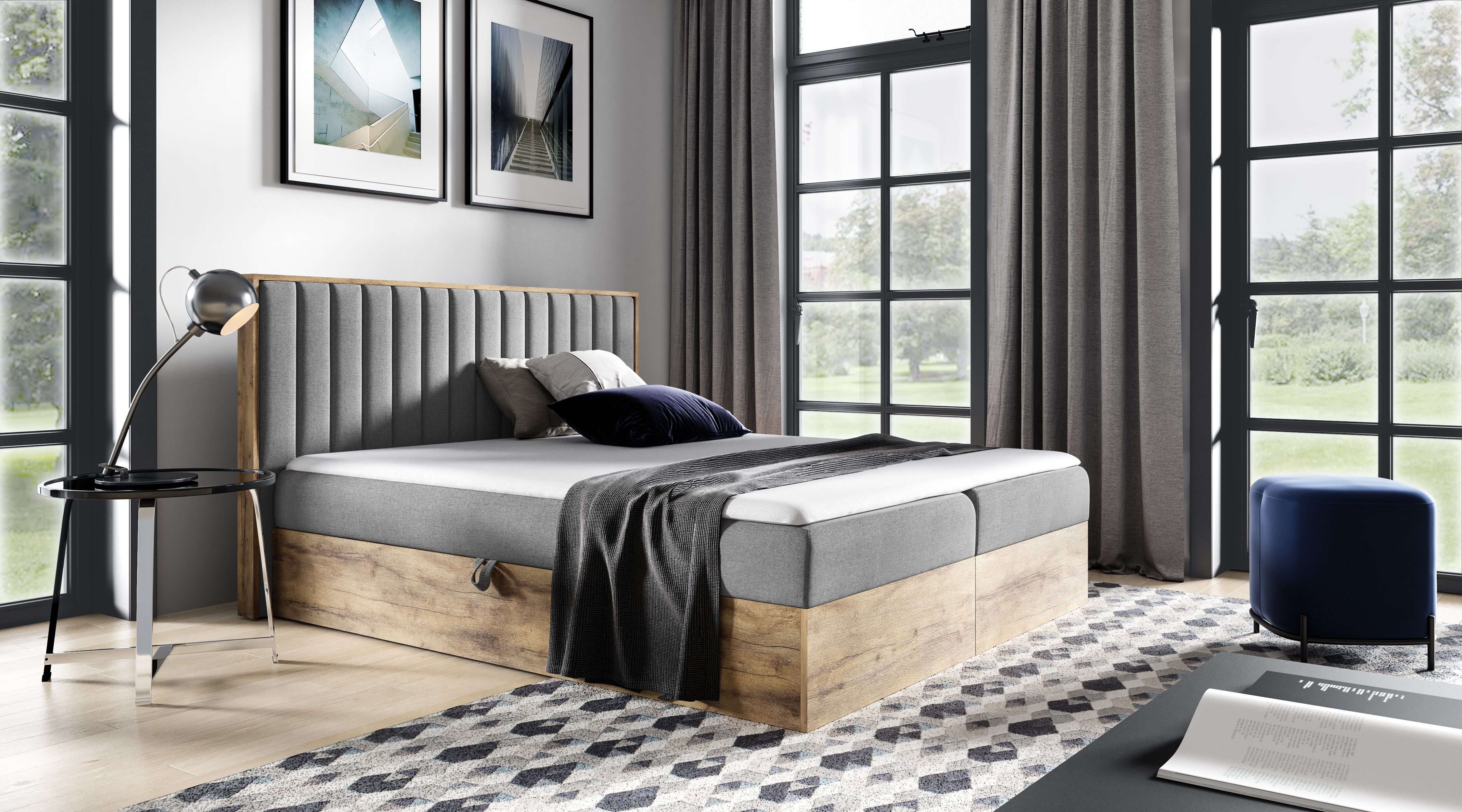 yourhouse24 Boxbett Wood IV mit zwei Bettkästen, Doppelbett mit Bonell-Matratze + Topper