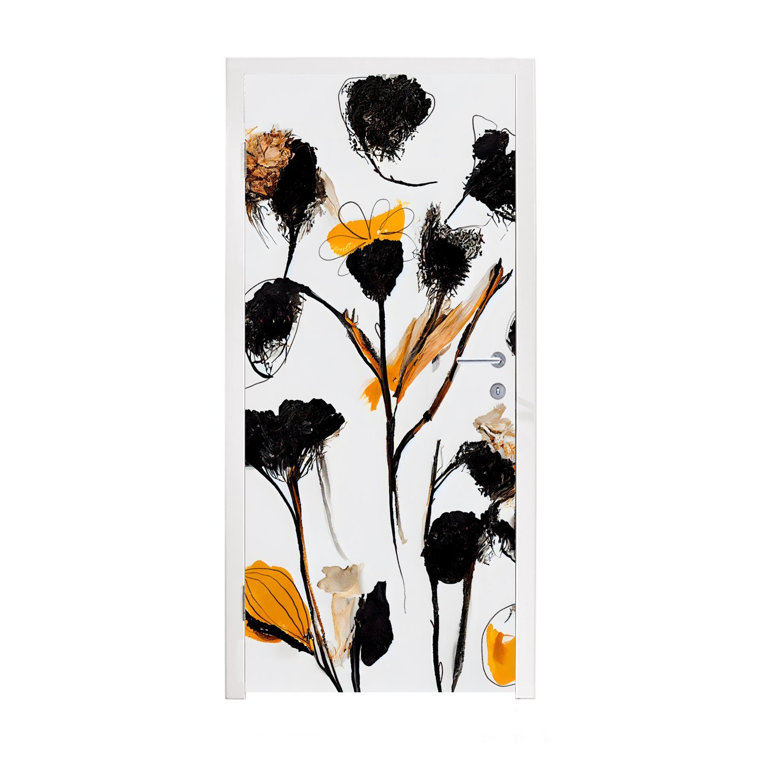 75x205 bedruckt, Schwarz (1 Pflanzen Türtapete Pastell Matt, St), - für - cm - Gelb, Tür, MuchoWow Türaufkleber, Fototapete Blumen -