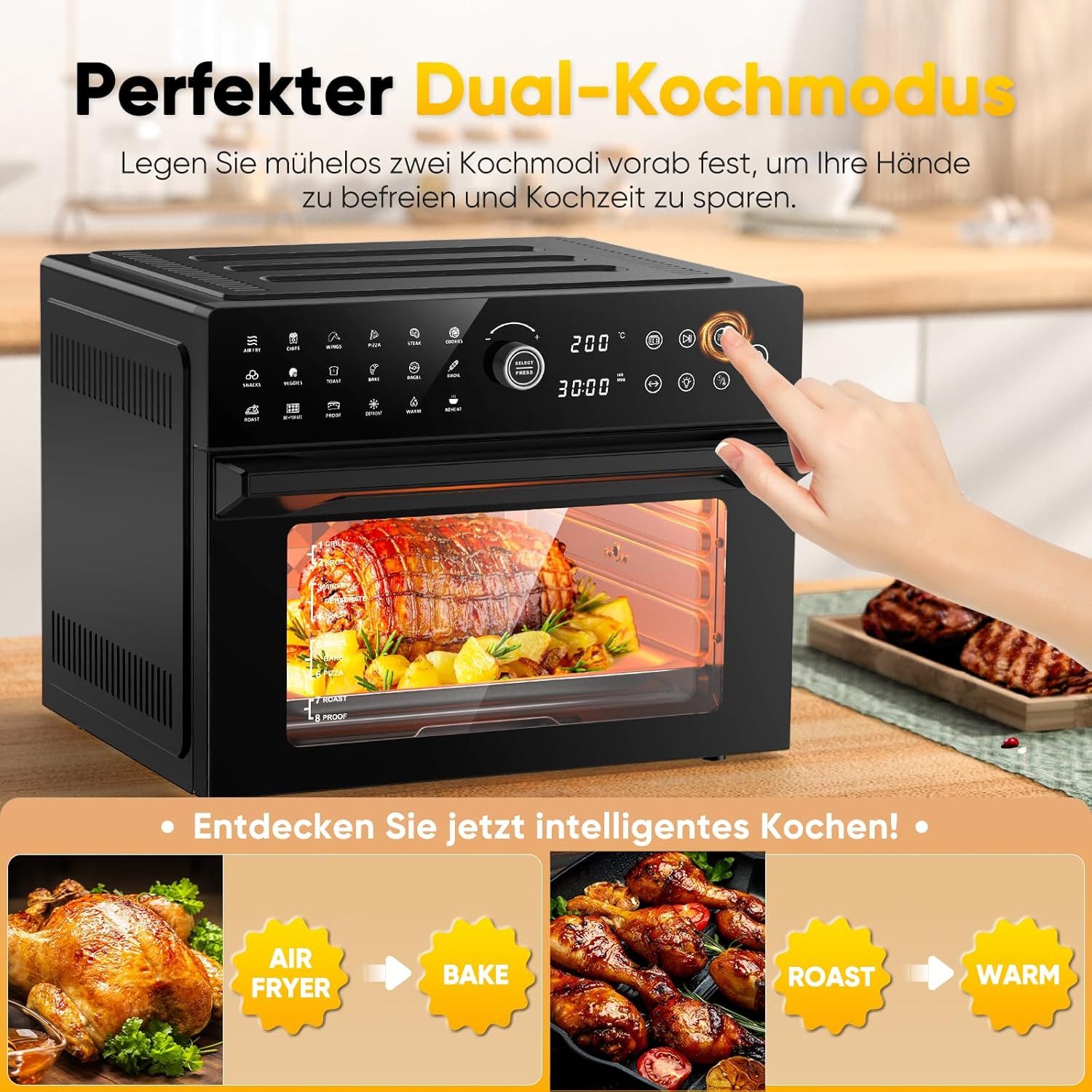 Azmsary Minibackofen 30L XXL-Heißluftfritteuse mit Touchscreen, 1800W & 20 Programmen, LED-Smarttouch, 30L Dual-Kochsystem, 7 Profi-Zubehör. – Bild 5 von 5