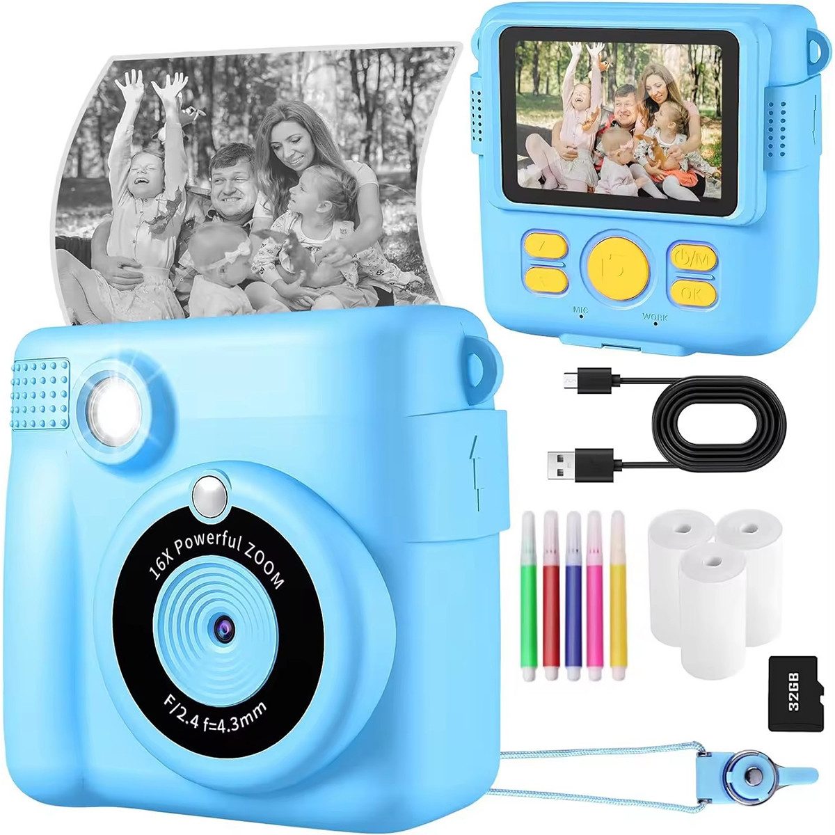 Kinderkamera 1080P 2,4 Zoll Bildschirm Druckpapier 32GB TF Kinderkamera