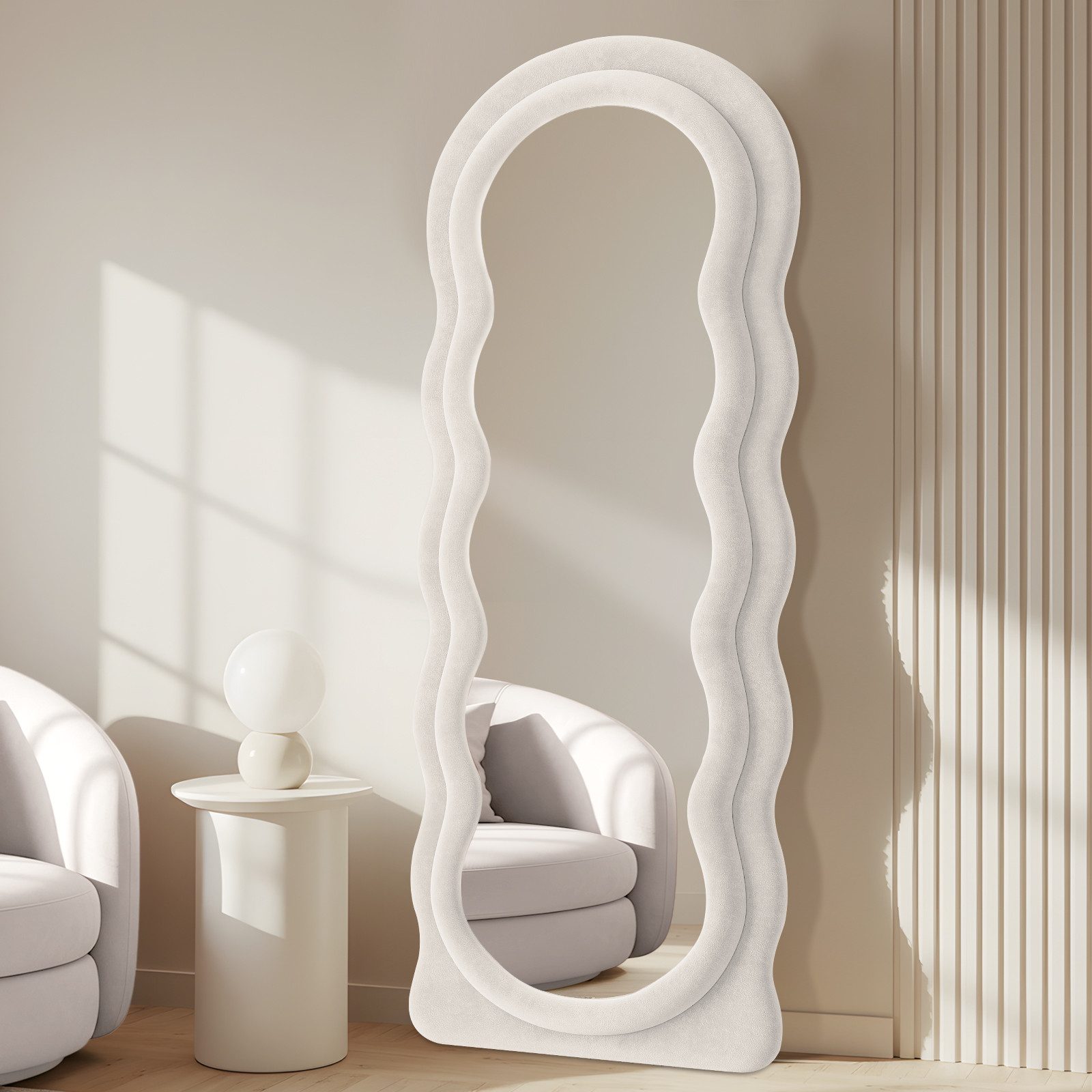 LUNAMIRROR Ganzkörperspiegel im gewellte Form, Samtbezug, Holzrahmen (1-St), stehend & hängend, 160x60 cm, Weiß/Beige/Grün/Rosa