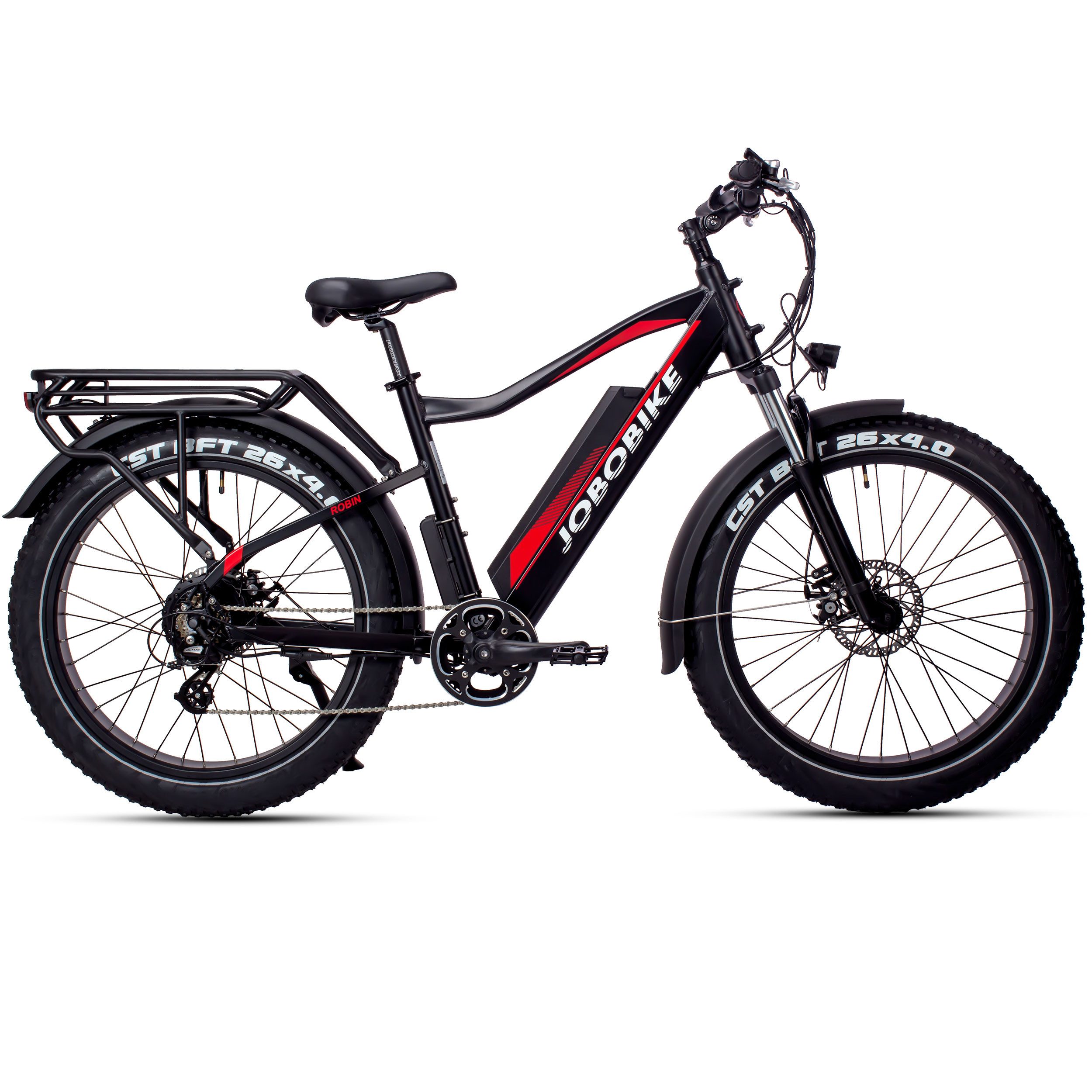 JOBOBIKE E-Bike Mountain Bike 26x4 inch for men and women, Robin Mountain Bike 624Wh, max. 100km range, 7-speed Shimano, derailleur gears, rear motor, 624 Wh, (load capacity: 130 kg, aluminum frame, removable battery), pedelec MTB with fat tires for all terrains, 5 adjustable levels
