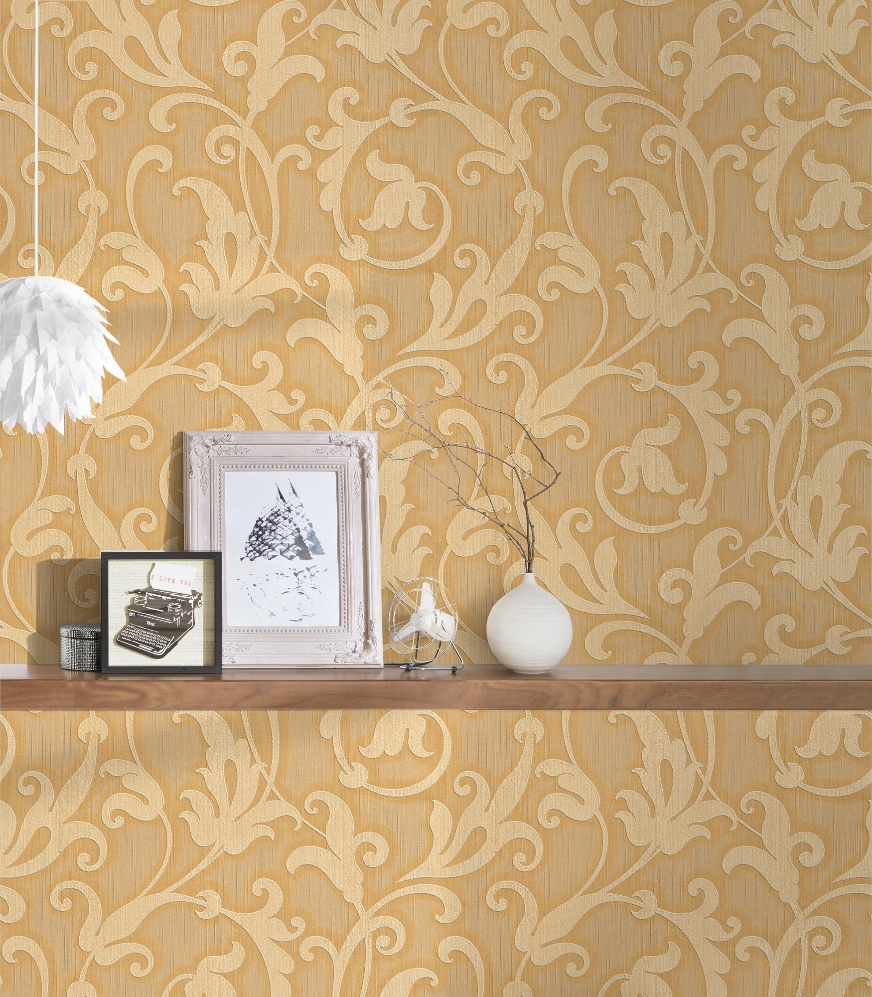 floral, Tapete Barock, Tessuto, Textiltapete samtig, Paper orange/gold/gelb Architects Barock