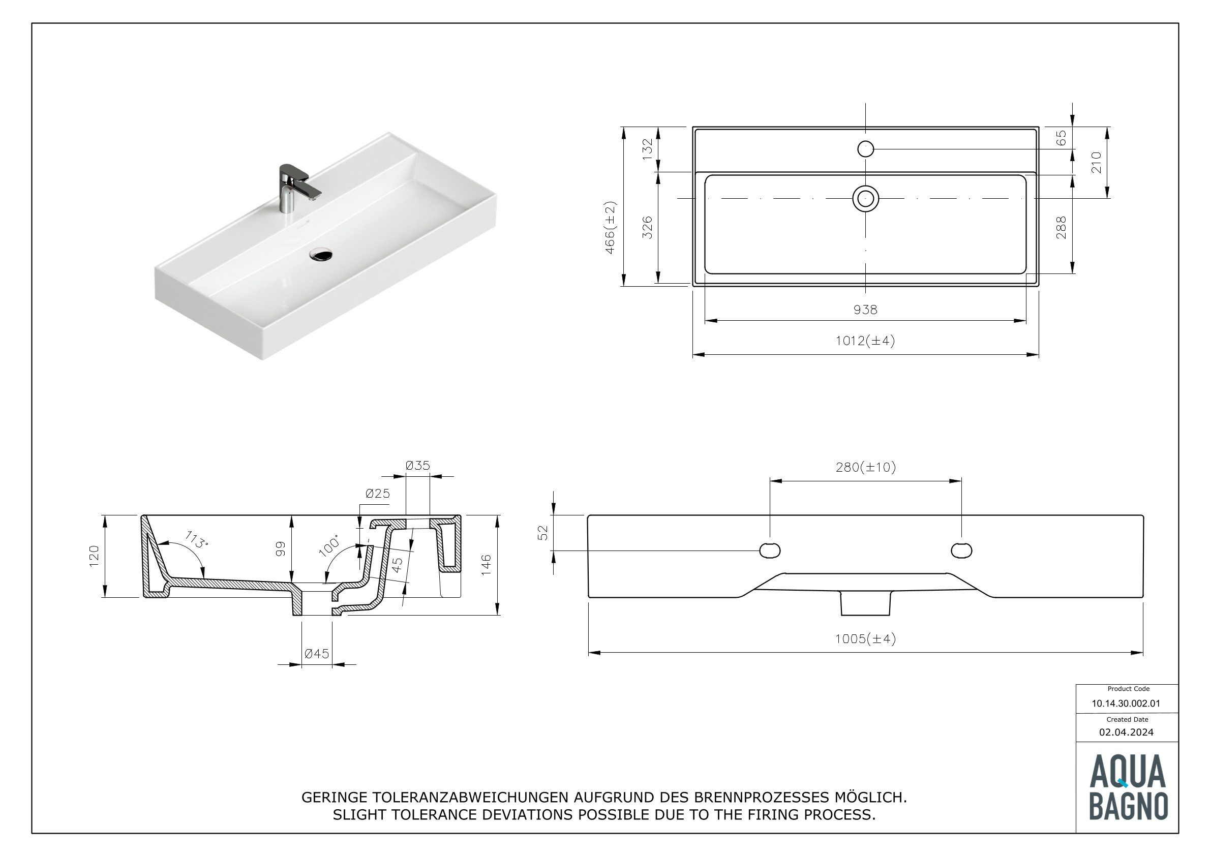 Aqua Bagno Waschbecken Möbelwaschtisch 100cm weiß eckig Wandmontage Waschtisch (Packung)