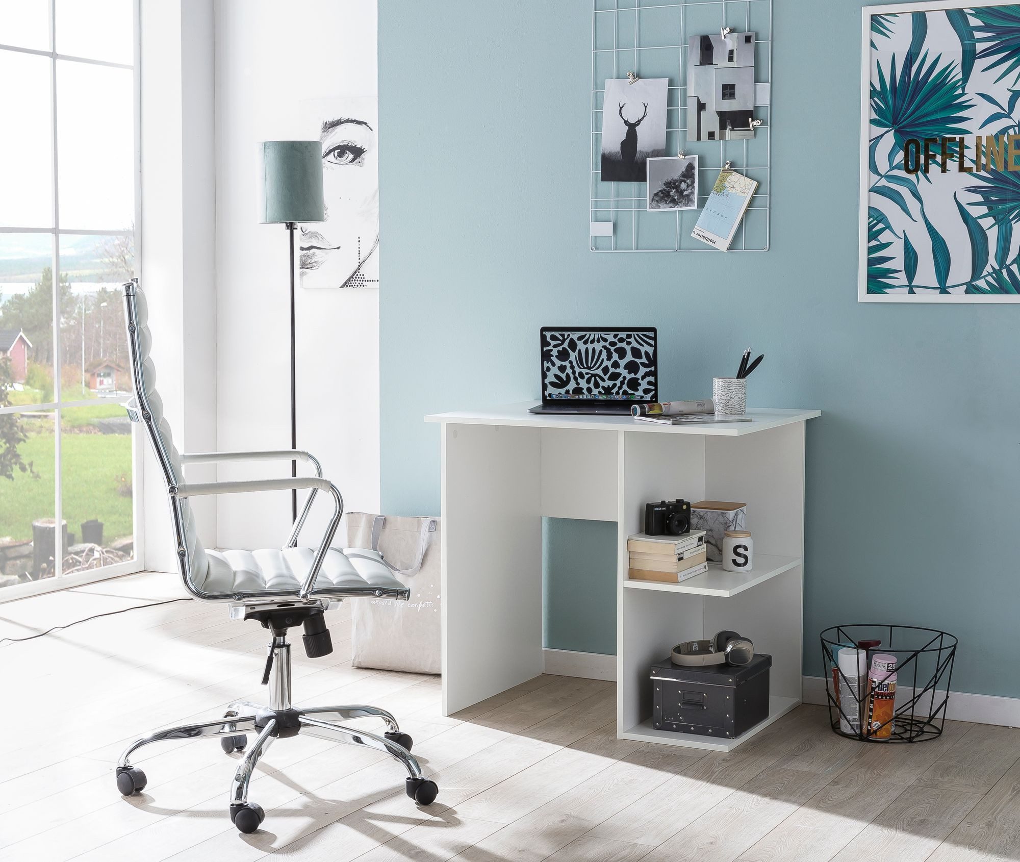 Wohnling Schreibtisch WL5.757 Computertisch WL5.757 Weiß Laptop PC Büro Arbeitstisch (Computertisch Weiß 82 x 60 x 76 cm mit Ablage), Kleiner Arbeitstisch ohne Rollen, Bürotisch Modern