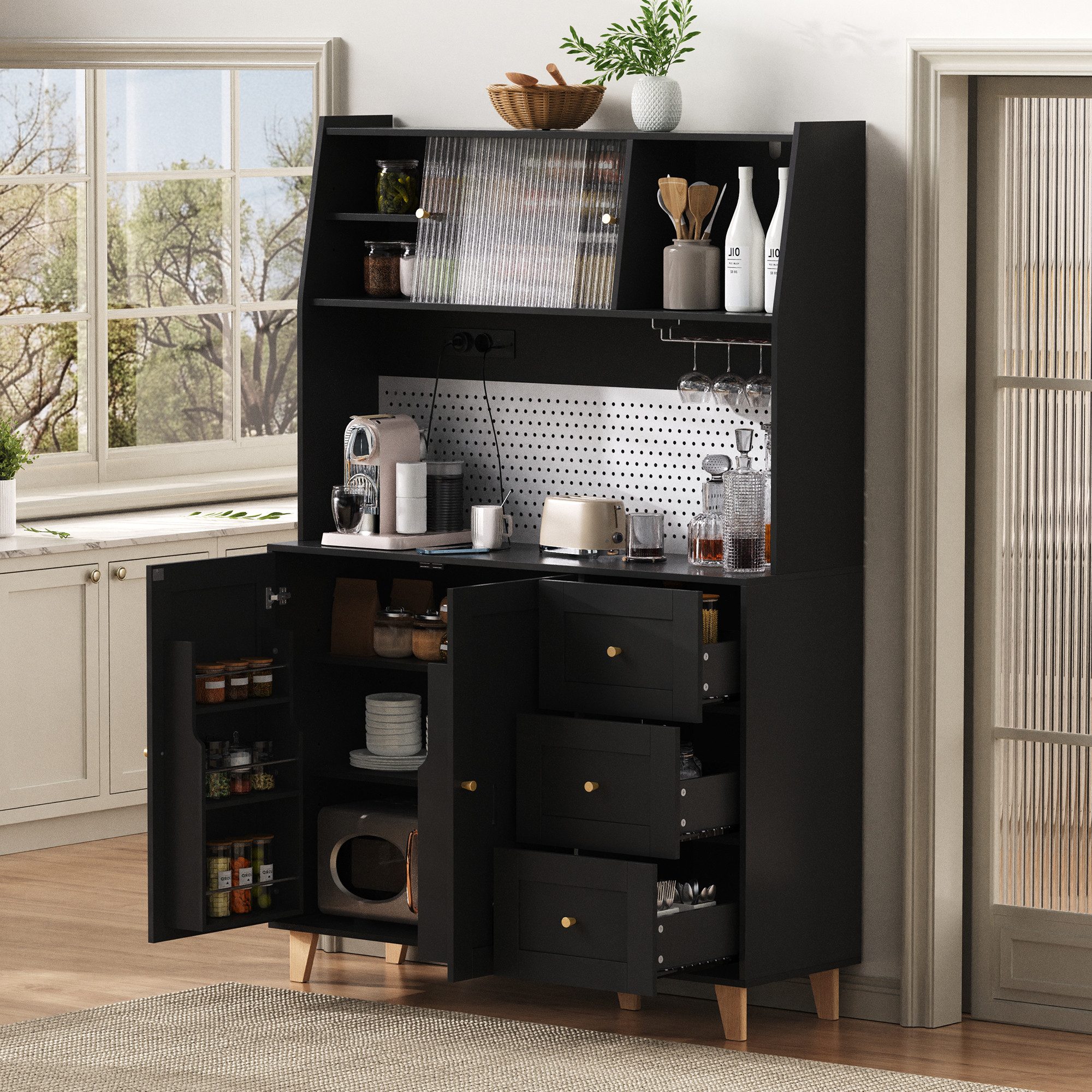 Flieks Küchenbuffet mit Steckdosen, Lochwand, Gläserhalter, Glas-Schiebetür und Schubladen (120x40x184 cm, 1-St., Mehrzweckschrank mit Arbeitsplatte, Türablagen und Massivholzbeinen) Hochschrank Küchenschrank Geschirrschrank mit verstellbarer Ablagen