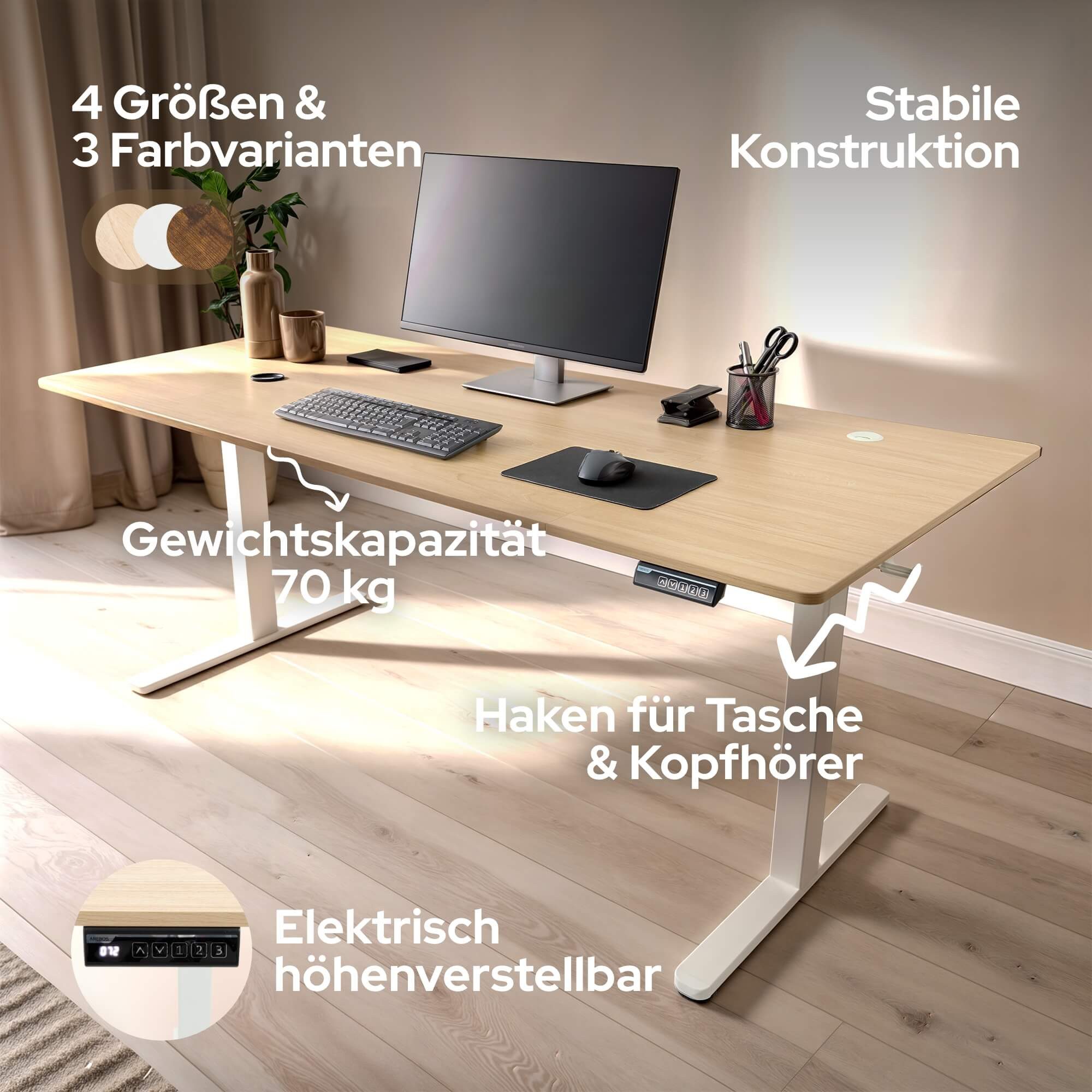 Arebos Schreibtisch Computer-Bürotisch 160 x 80 cm, elektrisch Memory-Funktion, 72-118 cm höhenverstellbar, Hebekapazität: 70 kg