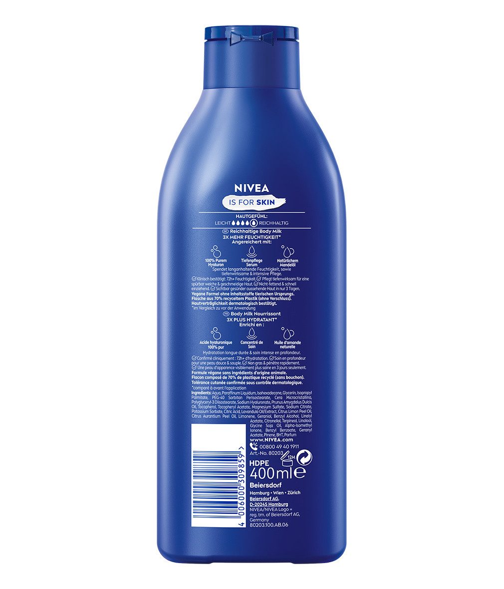 Nivea Körpermilch Reichhaltige Body Milk 2 x 400ml 72h+ Intensive Feuchtigkeit, 2-tlg., Nicht fettend und schnell einziehend