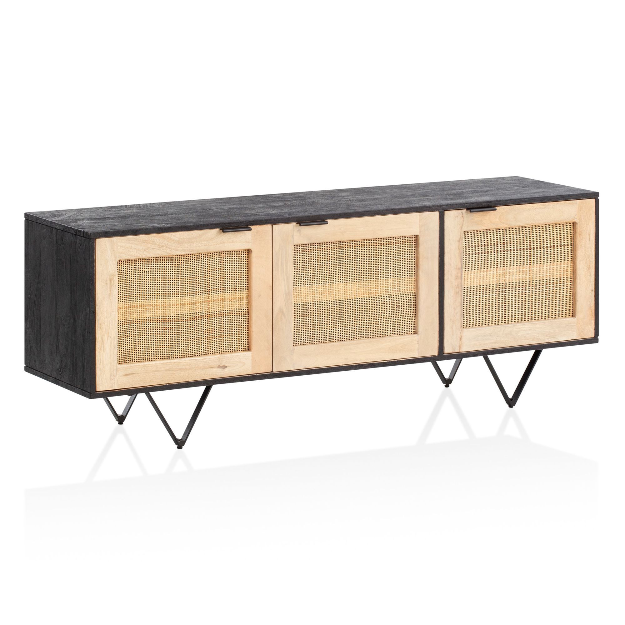 Wohnling Sideboard WL6.797 (145x75x40 cm Mango Massivholz / Rattan Anrichte), Kommode 2 Türen, Hoher Kommodenschrank