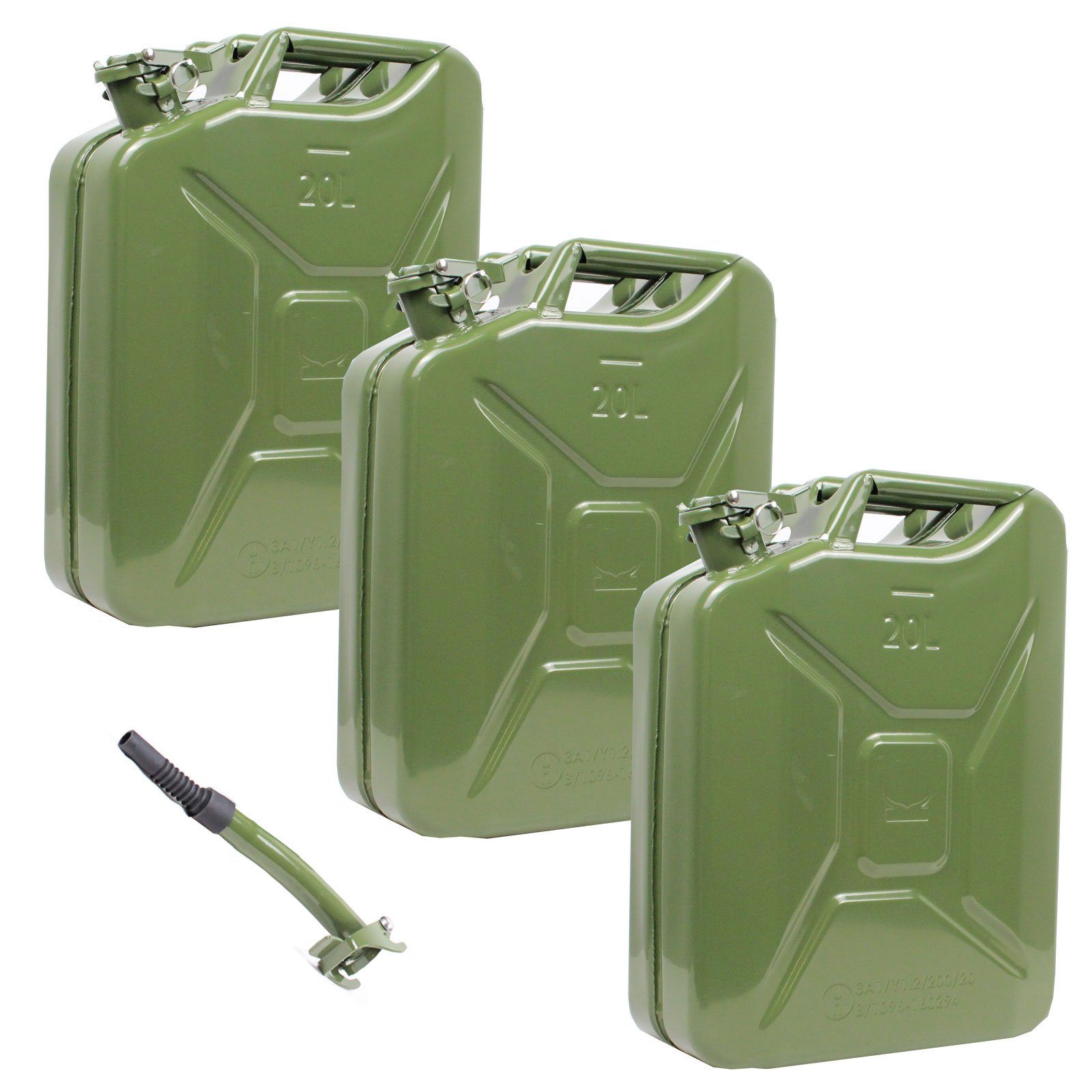 TRUTZHOLM Kanister 3x 20l Benzinkanister aus olivgrünem Metall inkl. Ausgießer geeignet (3erSet, 3 St), stabil