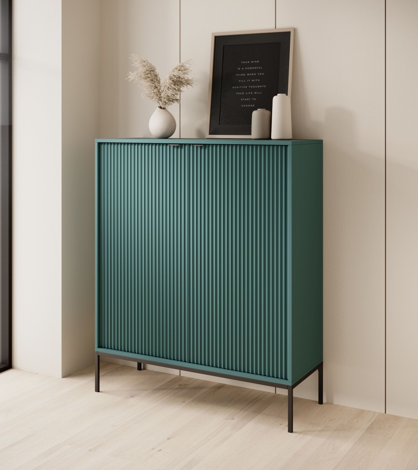 Selsey Highboard VELLORE, 2-türig mit 6 Fächern, schwarzem Gestell, 125 cm hoch