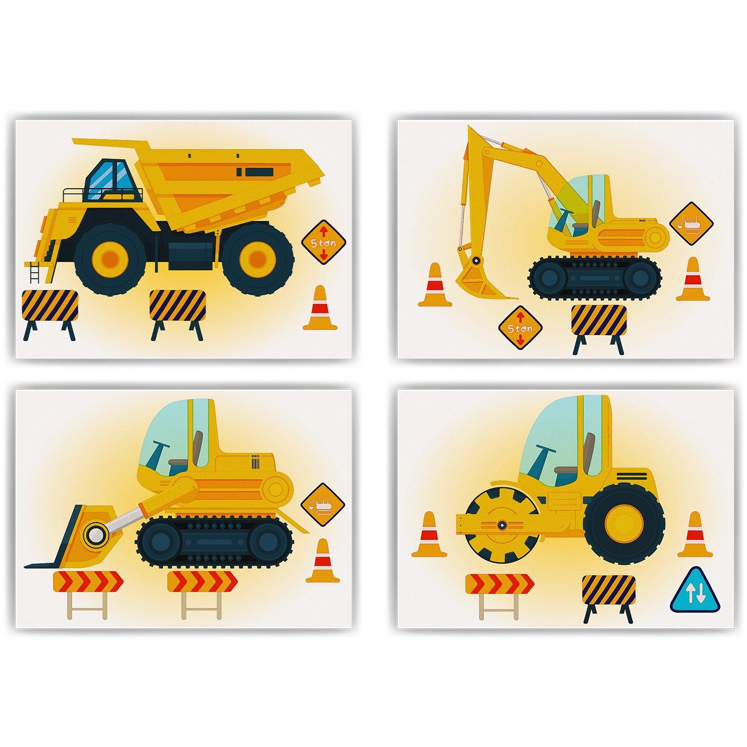 Tigerlino Poster Baufahrzeuge Baustelle Walze Bagger 4er Set Kinderzimmer Bilder