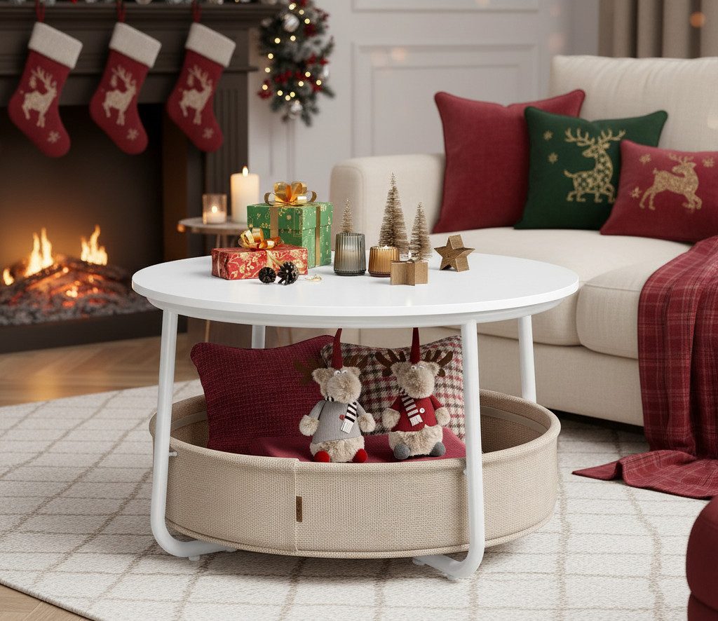 VASAGLE Couchtisch, Beistelltisch, rund Wohnzimmertisch mit Korb aus Stoff, günstig online kaufen