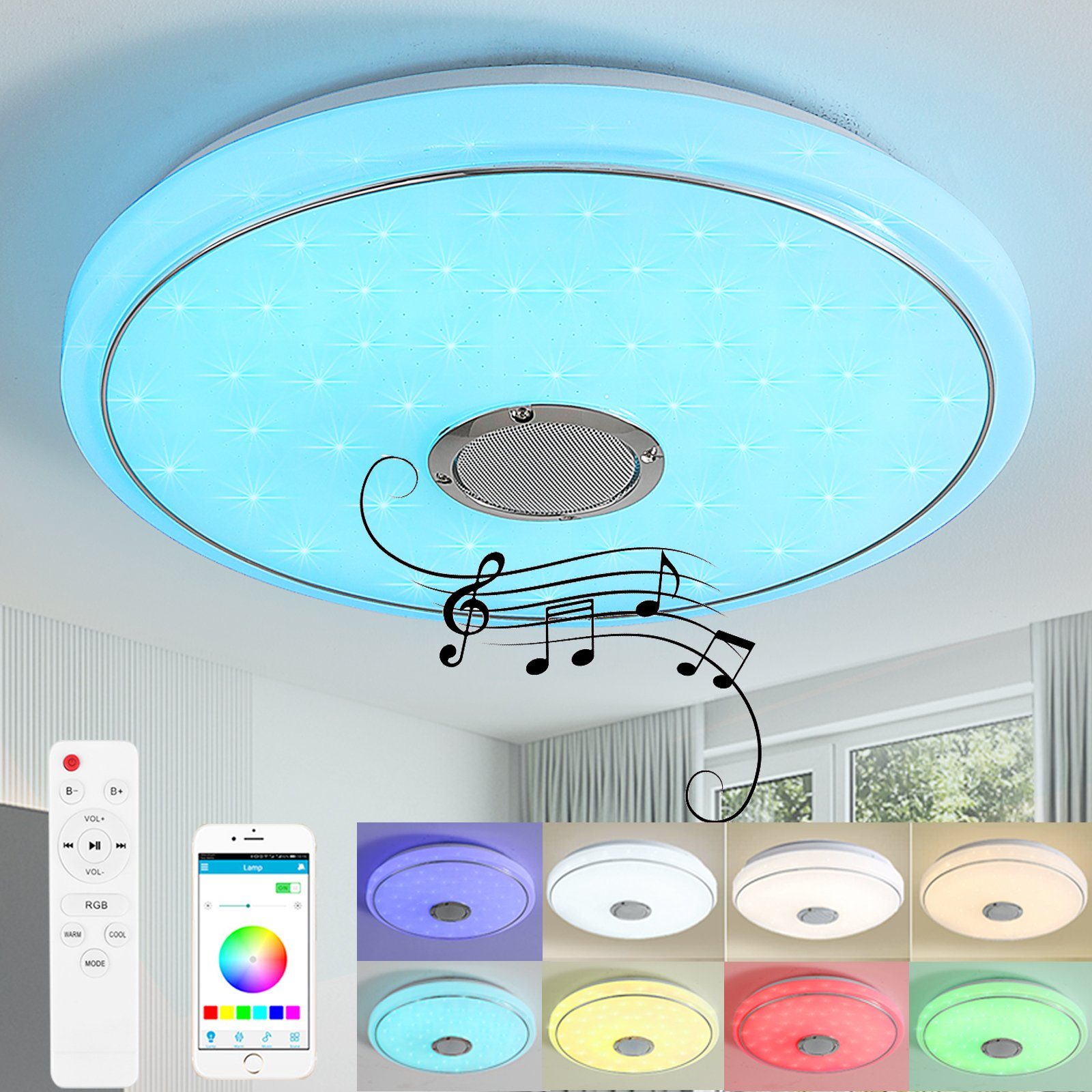 Dimmbar 3D Effekt LED Deckenleuchte Bluetooth Lautsprecher Lampe APP Remote Dünn 