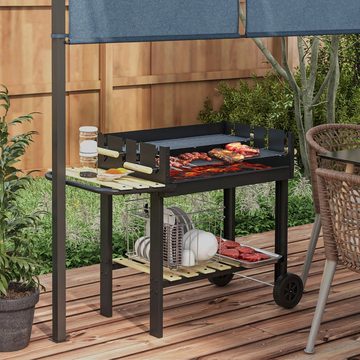 Outsunny Holzkohlegrill Grillwagen mit zwei Grillrost, Ablage, Gartengrill, Campinggrill, für BBQ, Metall, Schwarz, 113 x 53,5 x 82,5 cm