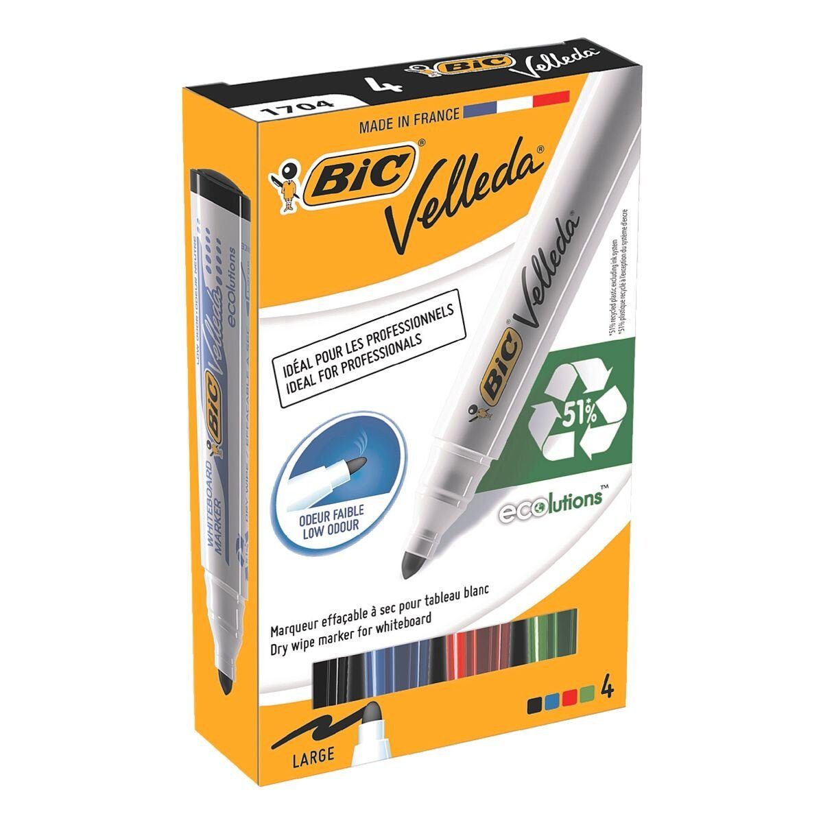 BIC Whiteboard Marker Velleda 1701, (4-tlg), Schaft aus 51% recyceltem Material