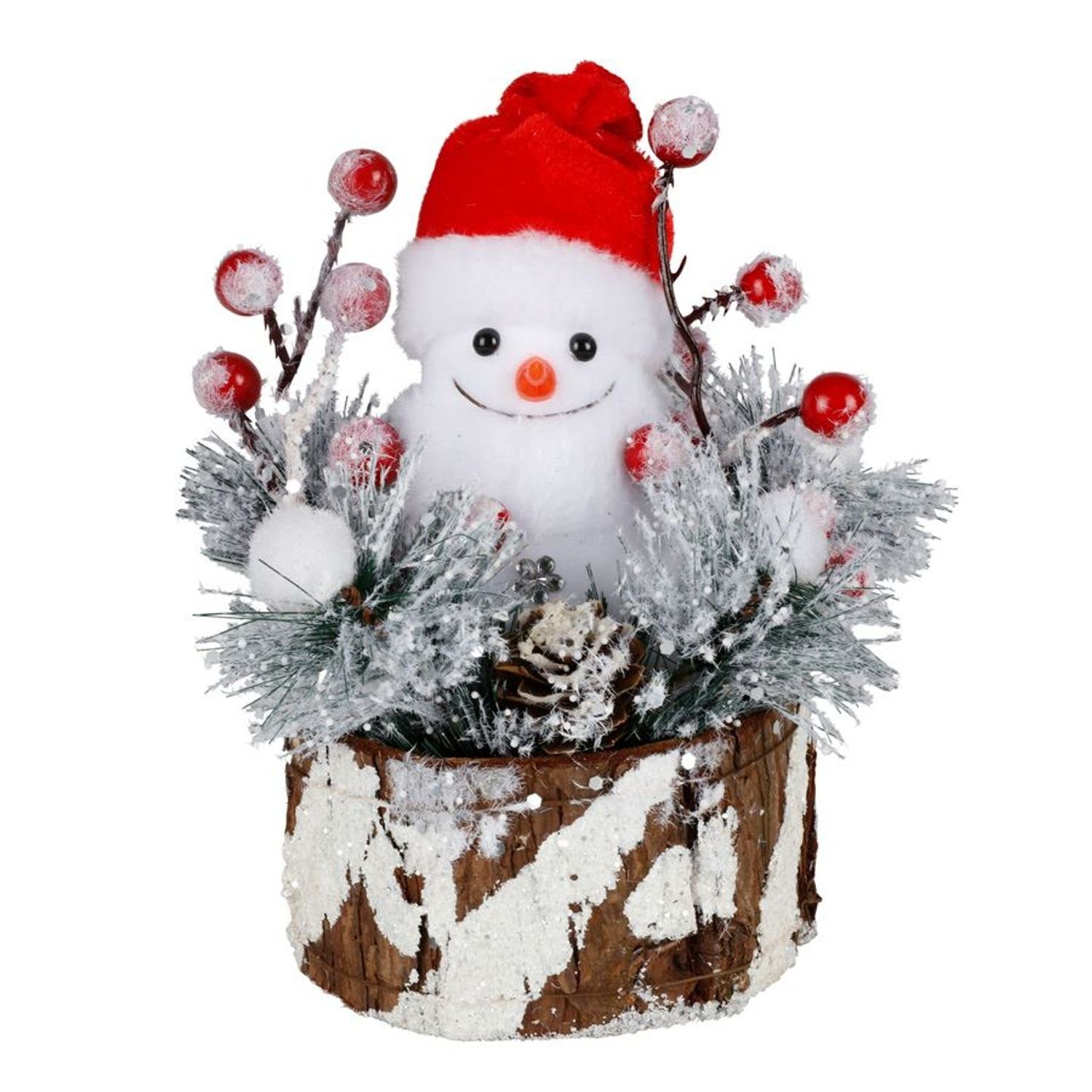 Dekofigur Weihnachtlicher Deko-Schneemann aus Styropor auf Baumstumpf