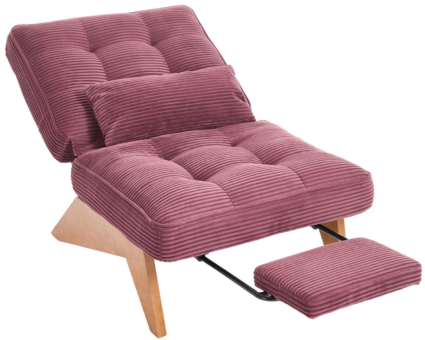 LVHOM Relaxsessel verstellbarer Loungesessel mit Fußstütze & Lendenkissen, Holzrahmen (Atmungsaktive Cord-Stoff, verstellbare Rückenlehne, integrierte ausziehbare Fußstütze, Seitentaschen. Inklusive farbig abgestimmtem abnehmbarem Lendenkissen, bis 220kg, für Lesen/Entspannen), Wohnzimmer/Schlafzimmer/Studierzimmer/Restaurant/Büro/Arbeitsbereich