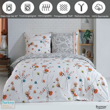 Bettwäsche, Buymax, Renforcé, 2 teilig, Bettbezug-Set 135x200 cm 100% Baumwolle Reißverschluss Blumen Weiß