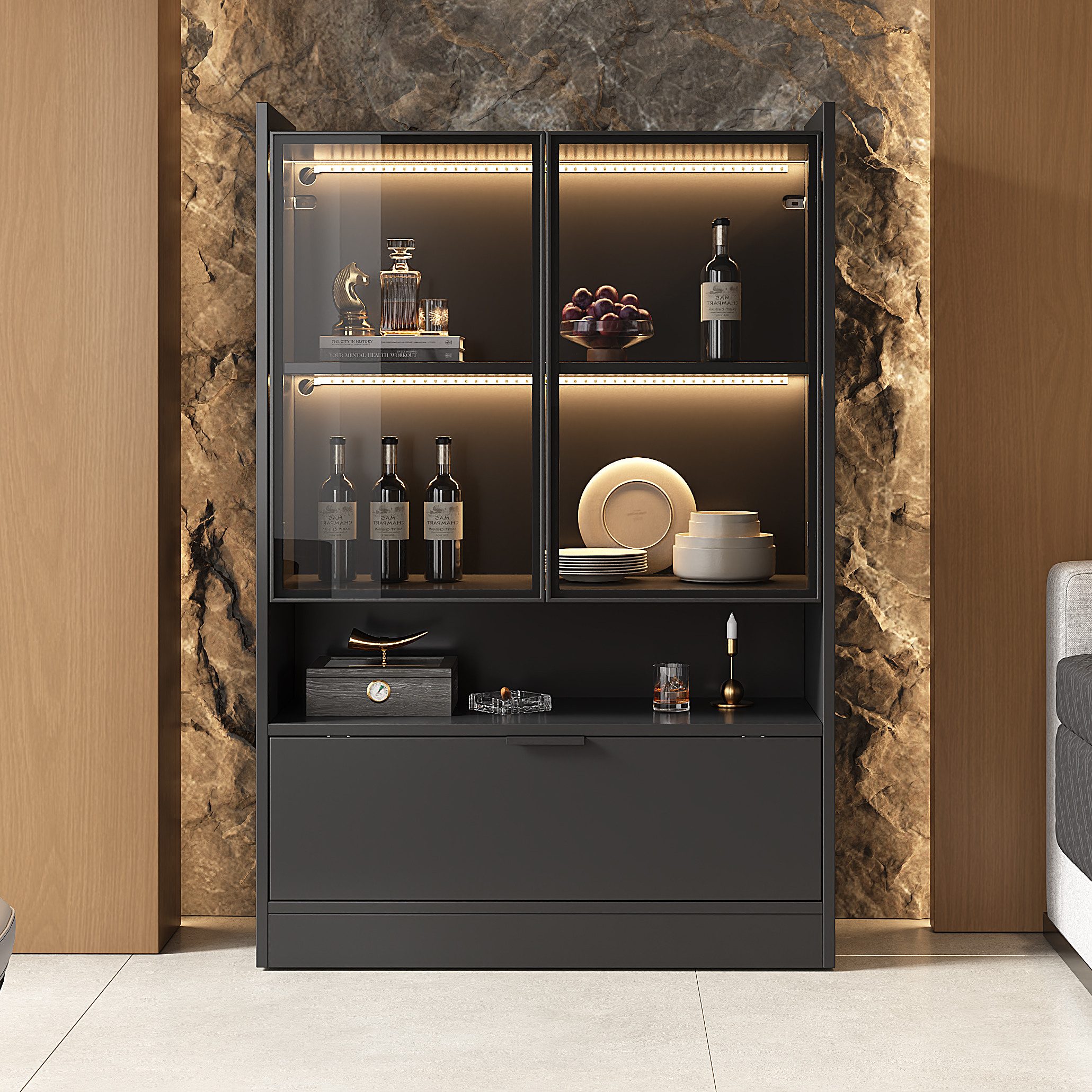 OKWISH Vitrine LED Vitrine mit 16-farbige LED-Beleuchtung (Glasvitrine, Standvitrine, Hochschrank, 1-St., 3 Türen) mit Glastüren und Klapptür