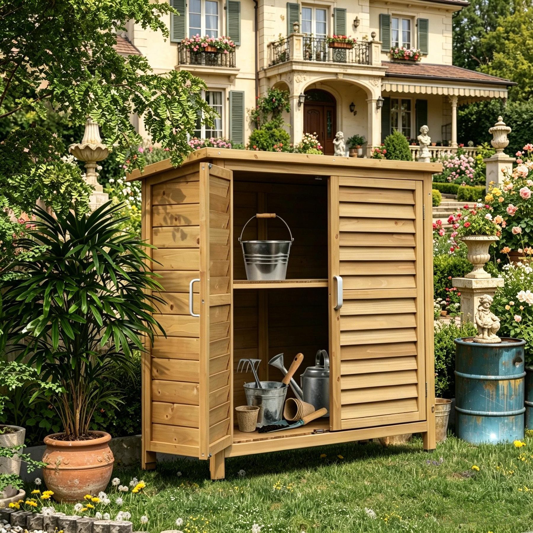 Odikalo Garten-Geräteschrank Gartenschrank Gerätehaus Geräteschuppen Werkzeugschrank mit Stauraum, (Wettergeschützter Außenschrank mit Bitumendach Innenregal für doppelten Stauraum Zwei Türen mit Magnetverriegelung und Griffen)