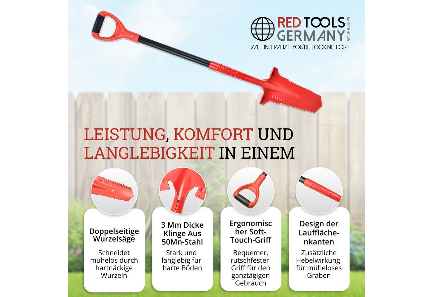 Thumbnail - Red Tools Spaten Power Head 115cm Gärtnerspaten - Spaten mit Wurzelsäge, (Stück, 1), 115 cm Gesamtlänge, Wurzelsäge, All...