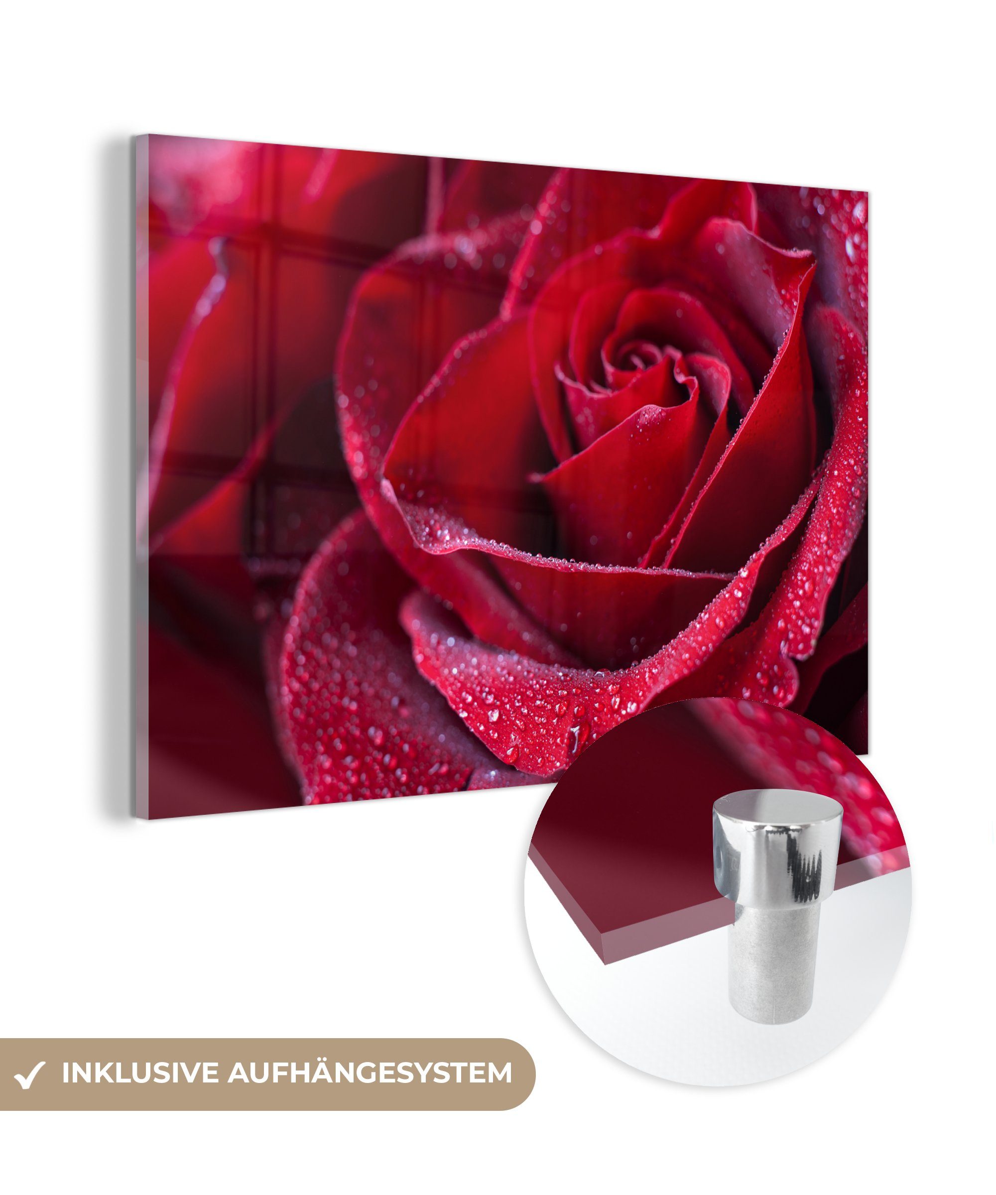 MuchoWow Acrylglasbild Rose - Rot - Tropfen, (1 St), Acrylglasbilder Wohnzimmer & Schlafzimmer