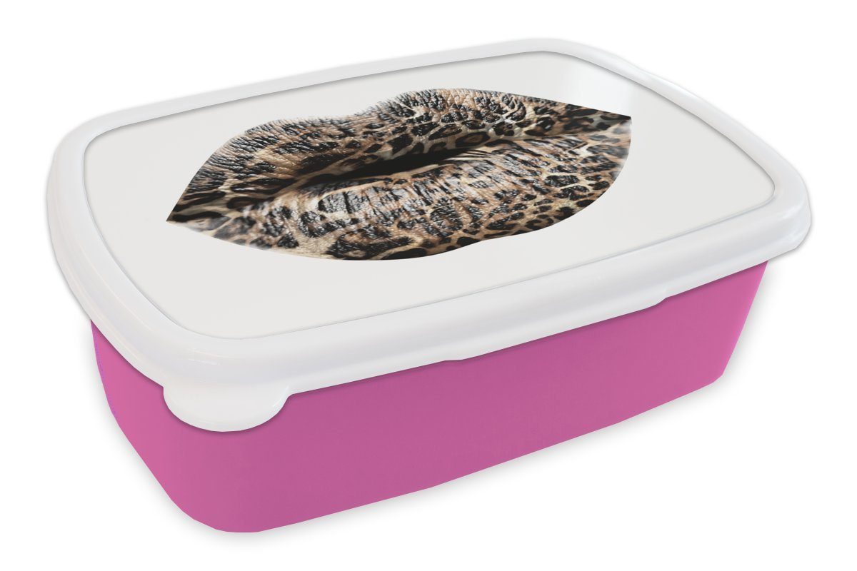 MuchoWow Lunchbox Lippen - Tigerdruck - Weiß, Kunststoff, (2-tlg), Brotbox für Erwachsene, Brotdose Kinder, Snackbox, Mädchen, Kunststoff rosa