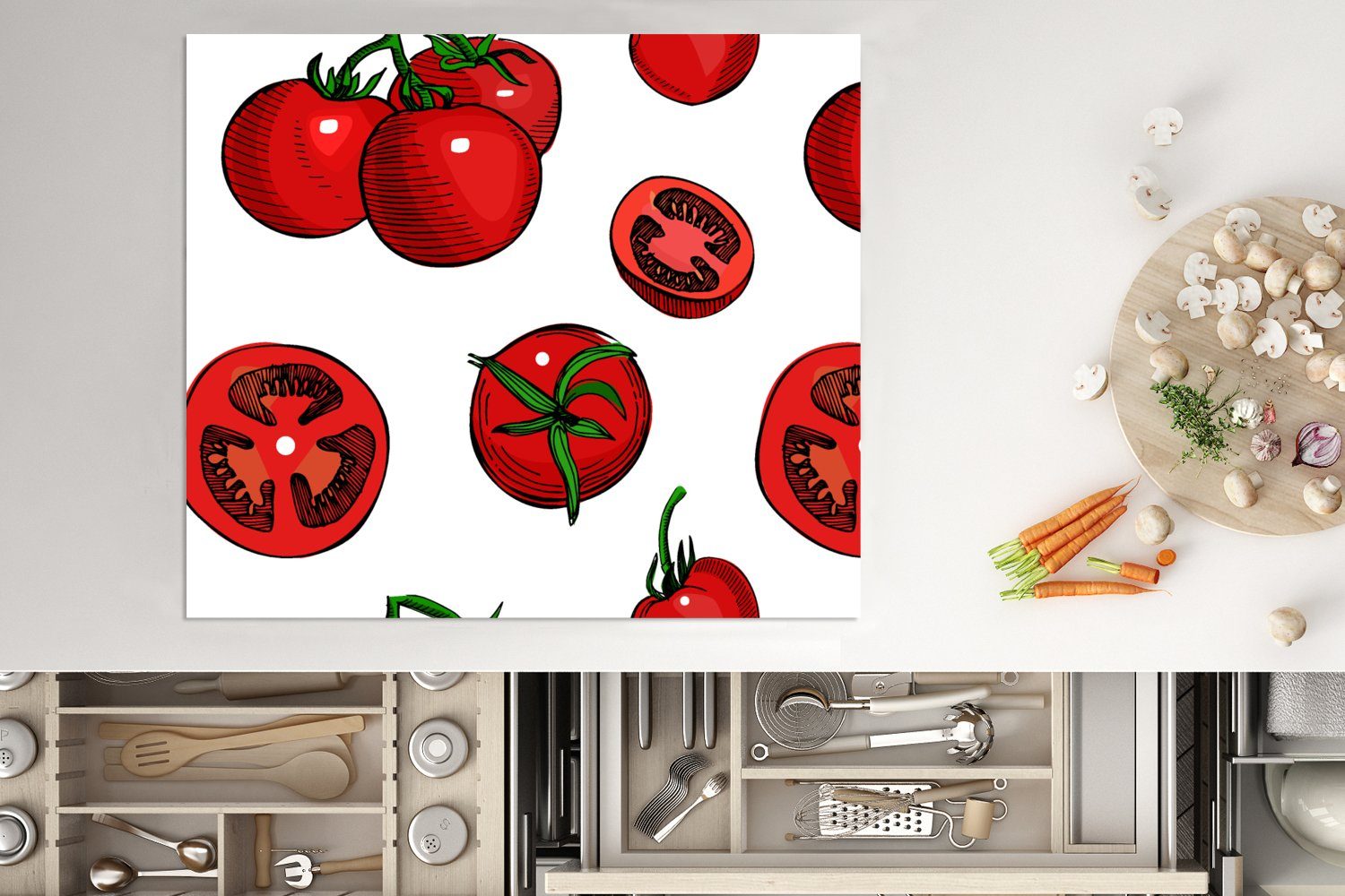- (1 nutzbar, Mobile 60x52 - Ceranfeldabdeckung Arbeitsfläche tlg), Rot Vinyl, Herdblende-/Abdeckplatte Muster MuchoWow Tomaten, cm,
