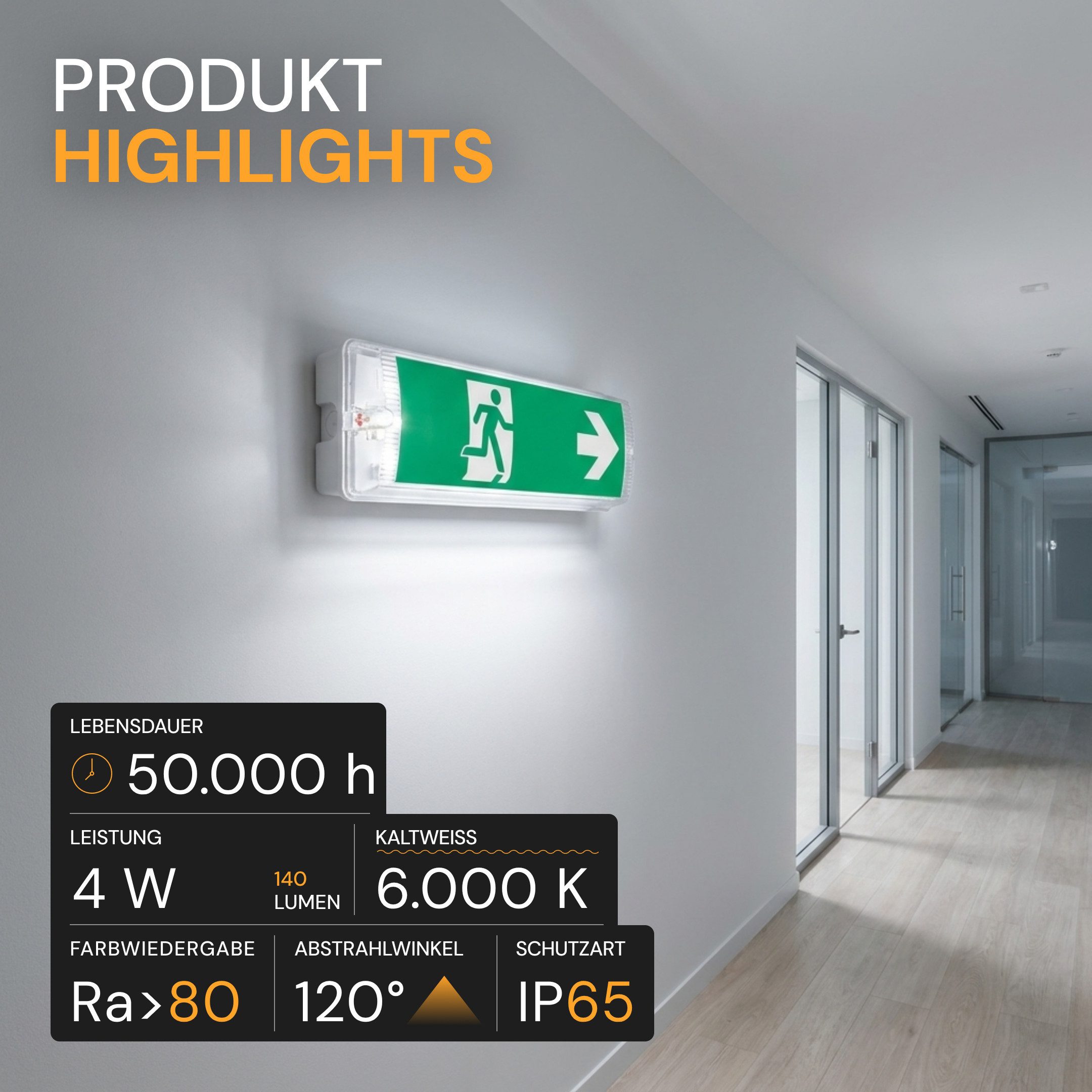 ENOVALITE LED Arbeitsleuchte ENOVALITE Fluchtwegleuchte 4W 6000K Kaltweiß Notausgang Leuchte Akku, LED fest integriert, Tageslichtweiß, Fluchtwegleuchte