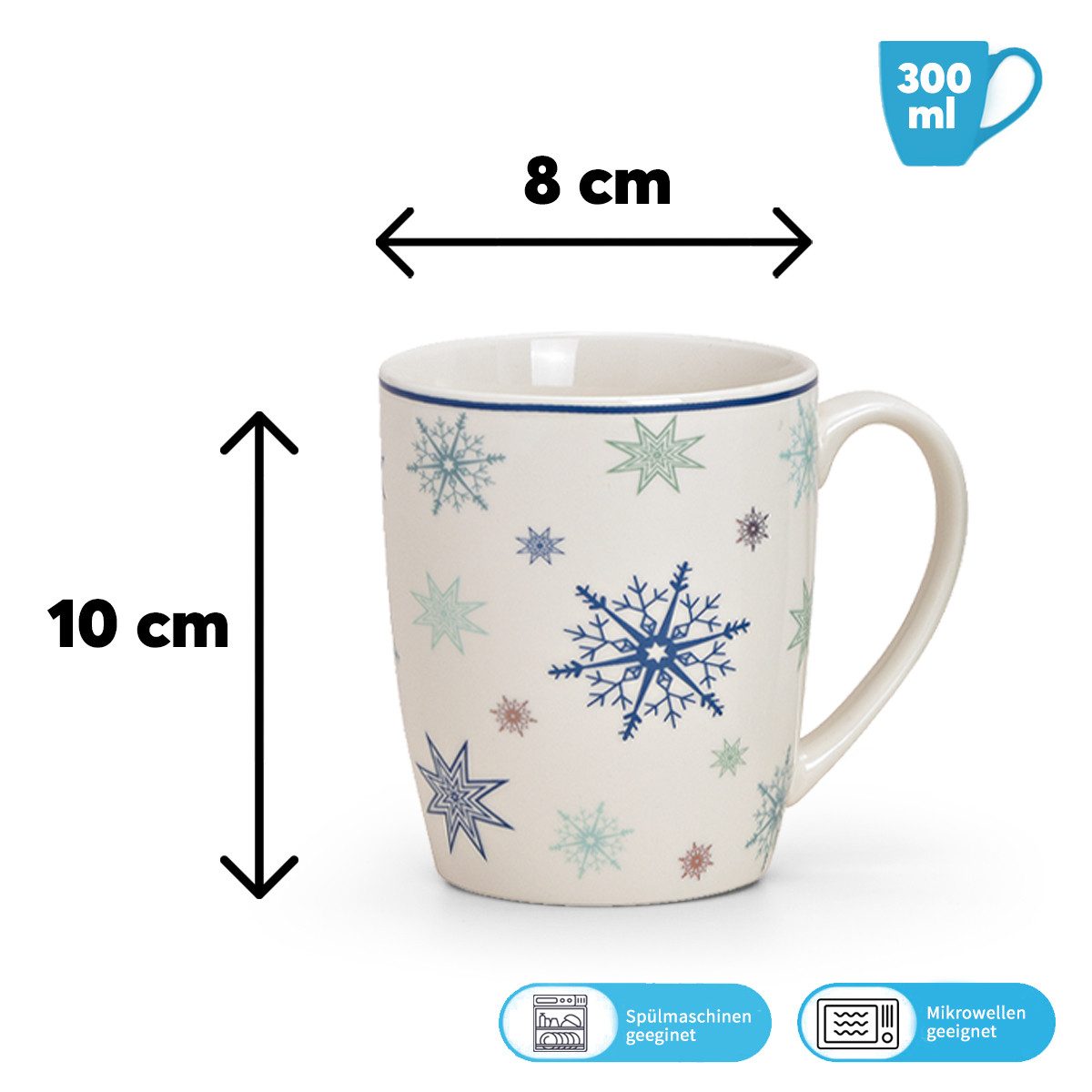 matches21 HOME & HOBBY Tasse Weihnachtstassen 4er Set Schneeflocken Eissterne Kaffeetassen, 4-tlg., Porzellan, Tee Kaffeebecher, Weihnachten, modern, grün blau weiss, 300 ml