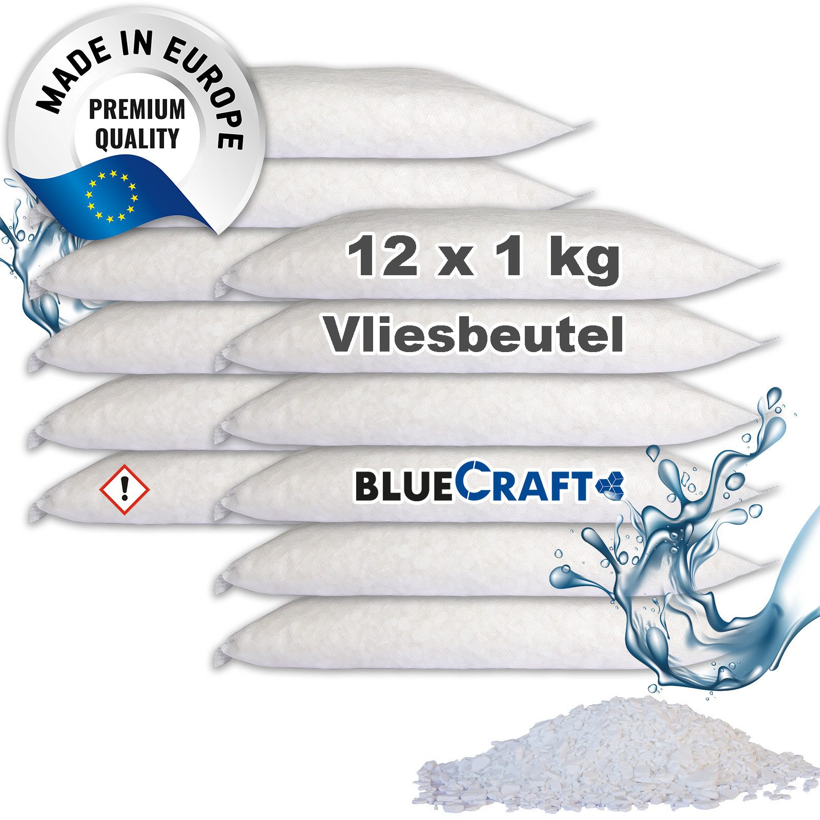 BlueCraft Luftentfeuchter Nachfüllpack Schlafzimmer Wohnung Nachfüller gegen Schimmel, 12 x 1 kg Raum Entfeuchter Granulat im Vliesbeutel, ohne Strom