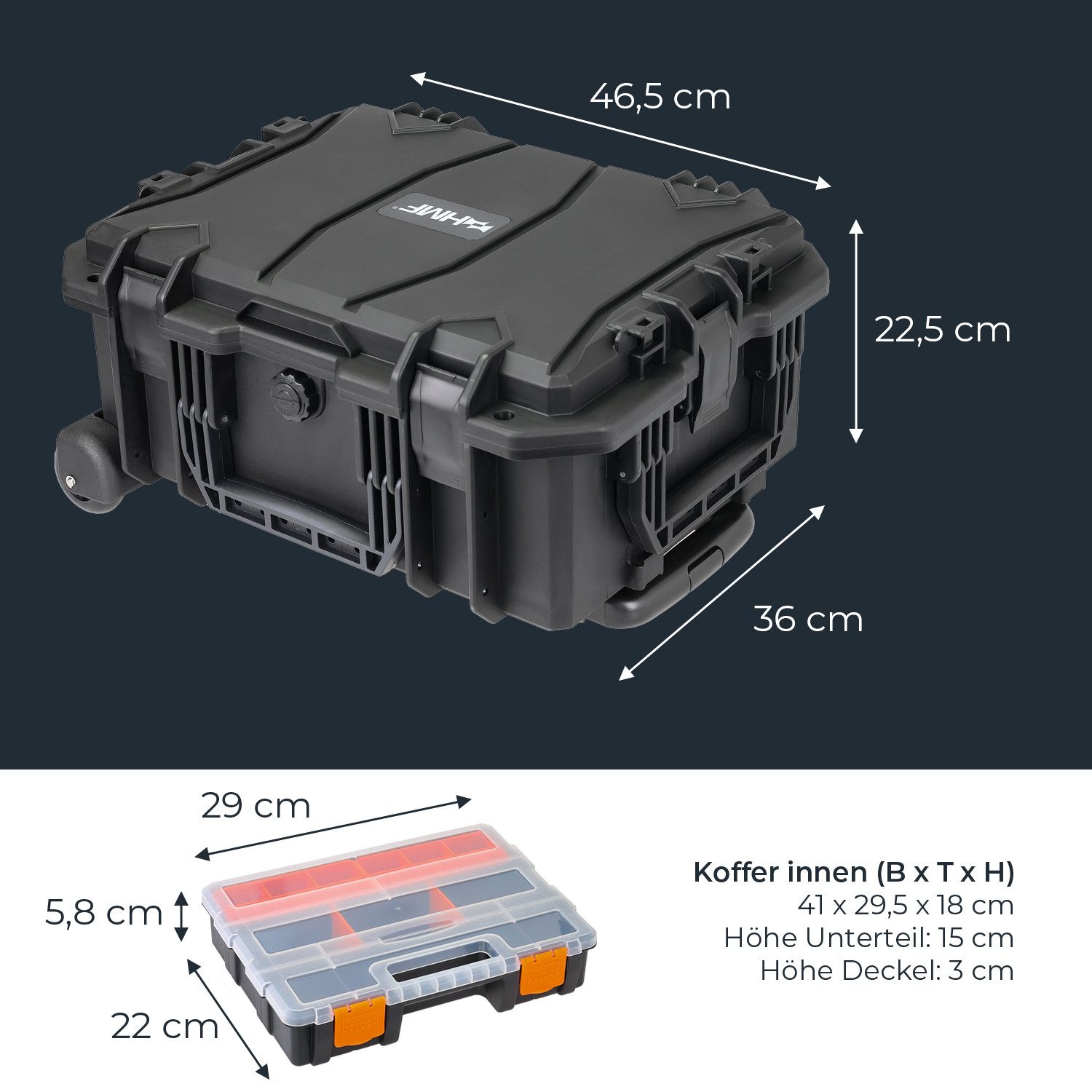HMF Werkzeugkoffer Outdoor Werkzeugtrolley, Werkzeugkoffer leer mit Rollen, 46,5 x 36 x 22,5 cm, Schwarz – Bild 5 von 5