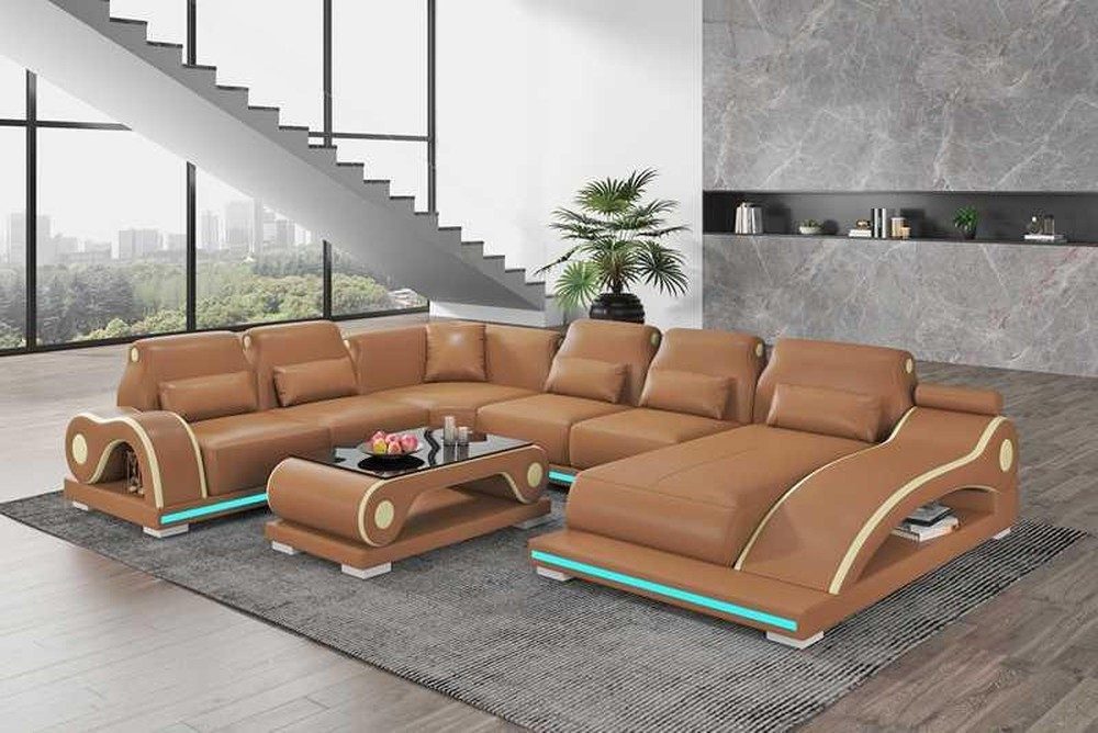 Wohnlandschaft U-Form Ecksofa aus Kunstleder in Orange mit LED-Beleuchtung
