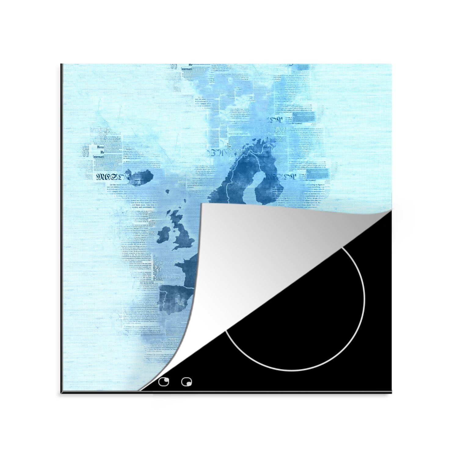 - Europa MuchoWow Karte Blau, für tlg), Arbeitsplatte Herdblende-/Abdeckplatte Aquarell Ceranfeldabdeckung, (1 - - Vinyl, küche 78x78 cm,