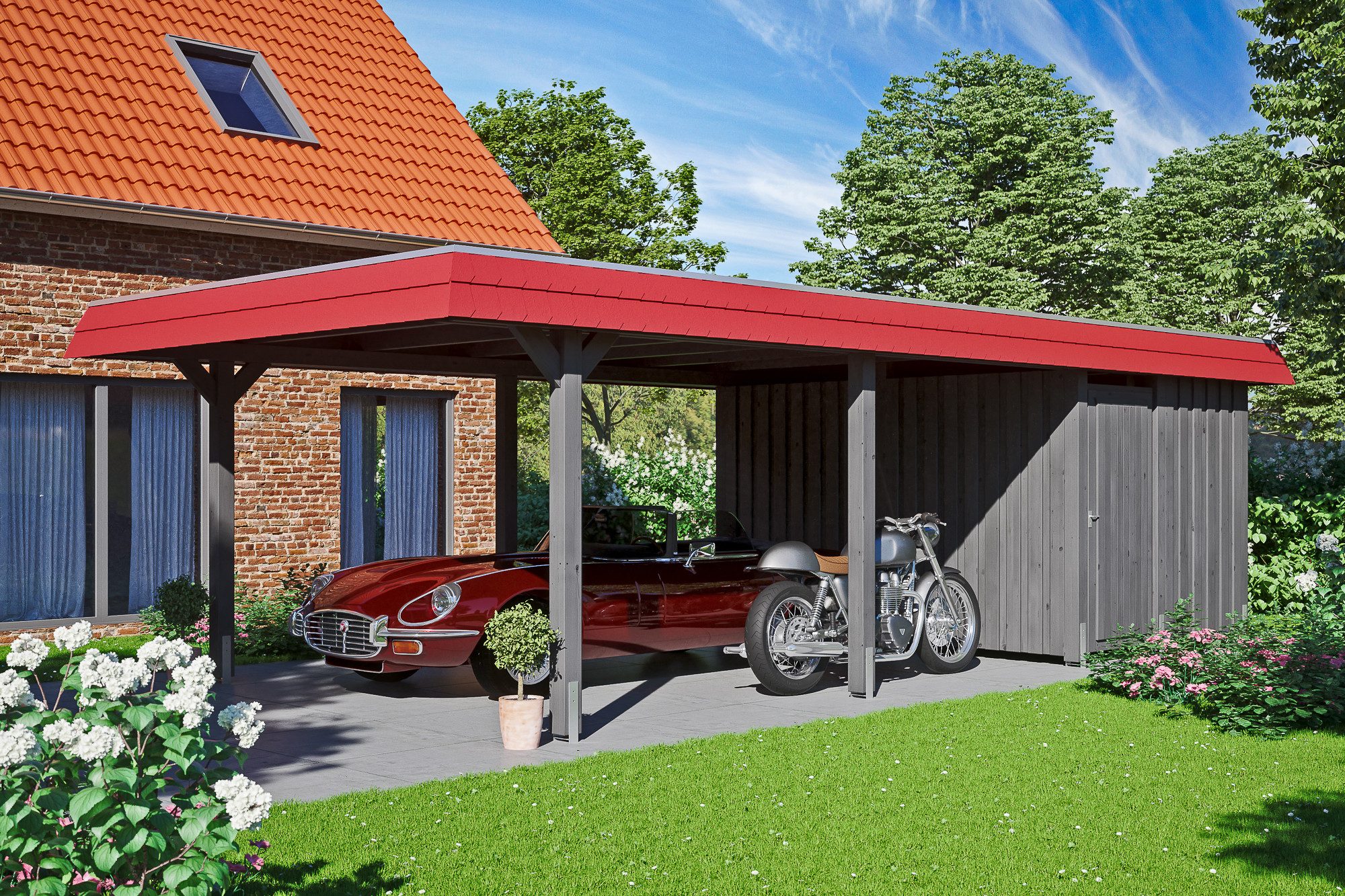 Thumbnail - Skanholz Einzelcarport Wendland, BxT: 409x870 cm, 210 cm Einfahrtshöhe, mit Abstellraum mit Aluminiumdach, rote Blende
