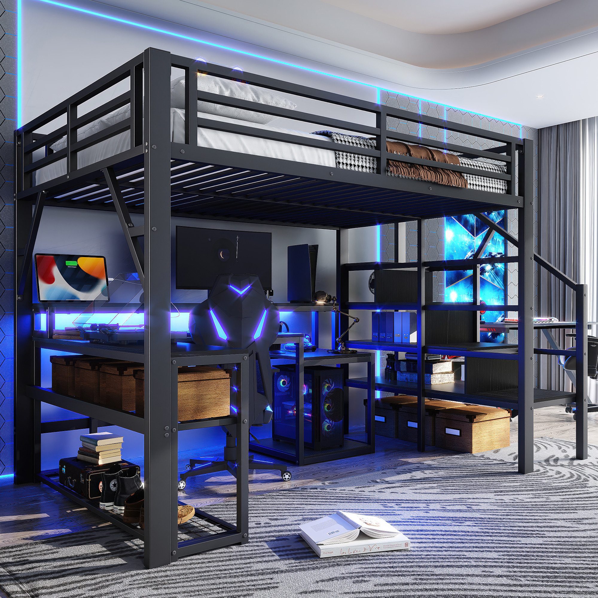 Merax Hochbett mit LED und USB (Jugendbett Einzelbett Metallbett, 1-St) Kinderbett 140x200cm mit Schreibtisch, Treppe, Loftbett & Stauraum