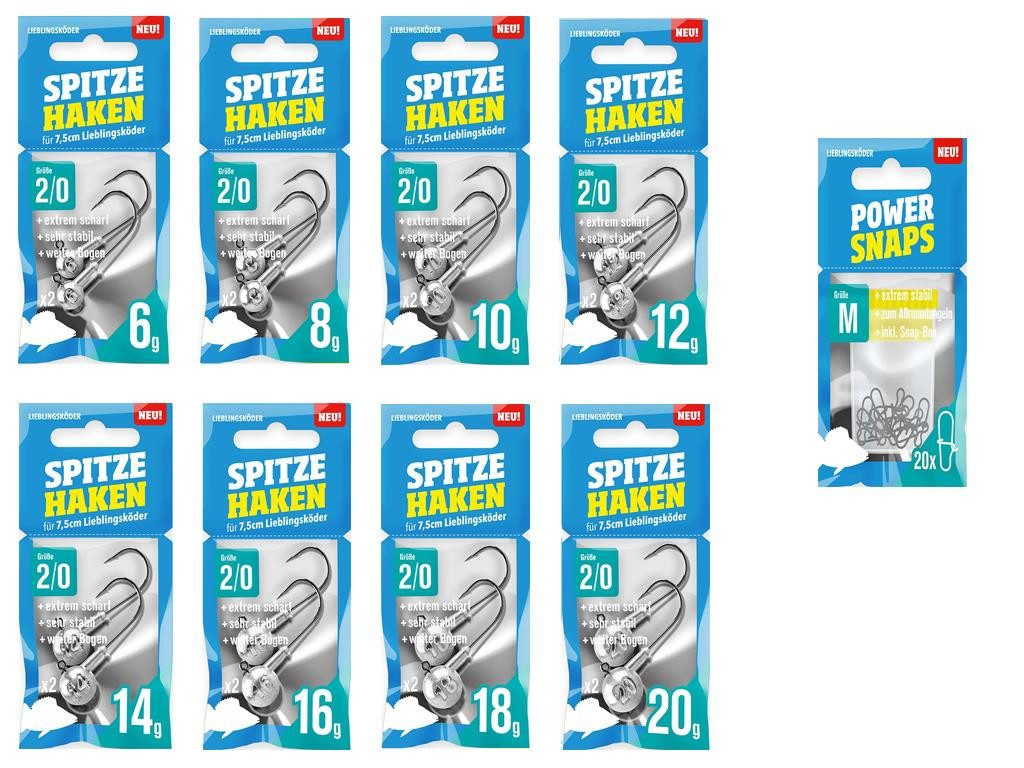 Lieblingsköder Jighaken Lieblingsköder Jigkopf-Set 2/0 - 7,5 cm Köder - 16 Jigs + 20 Snaps, (Jighaken-Set #/0 incl. Snaps), super Scharf - passend für 6 cm Köder