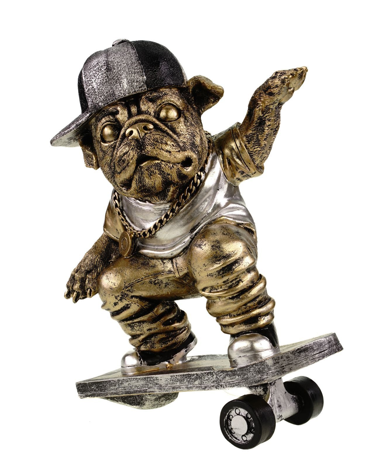 Dekofigur Bulldoge Skateboarder Figur Gold 25cm Dekoration Gold Silber